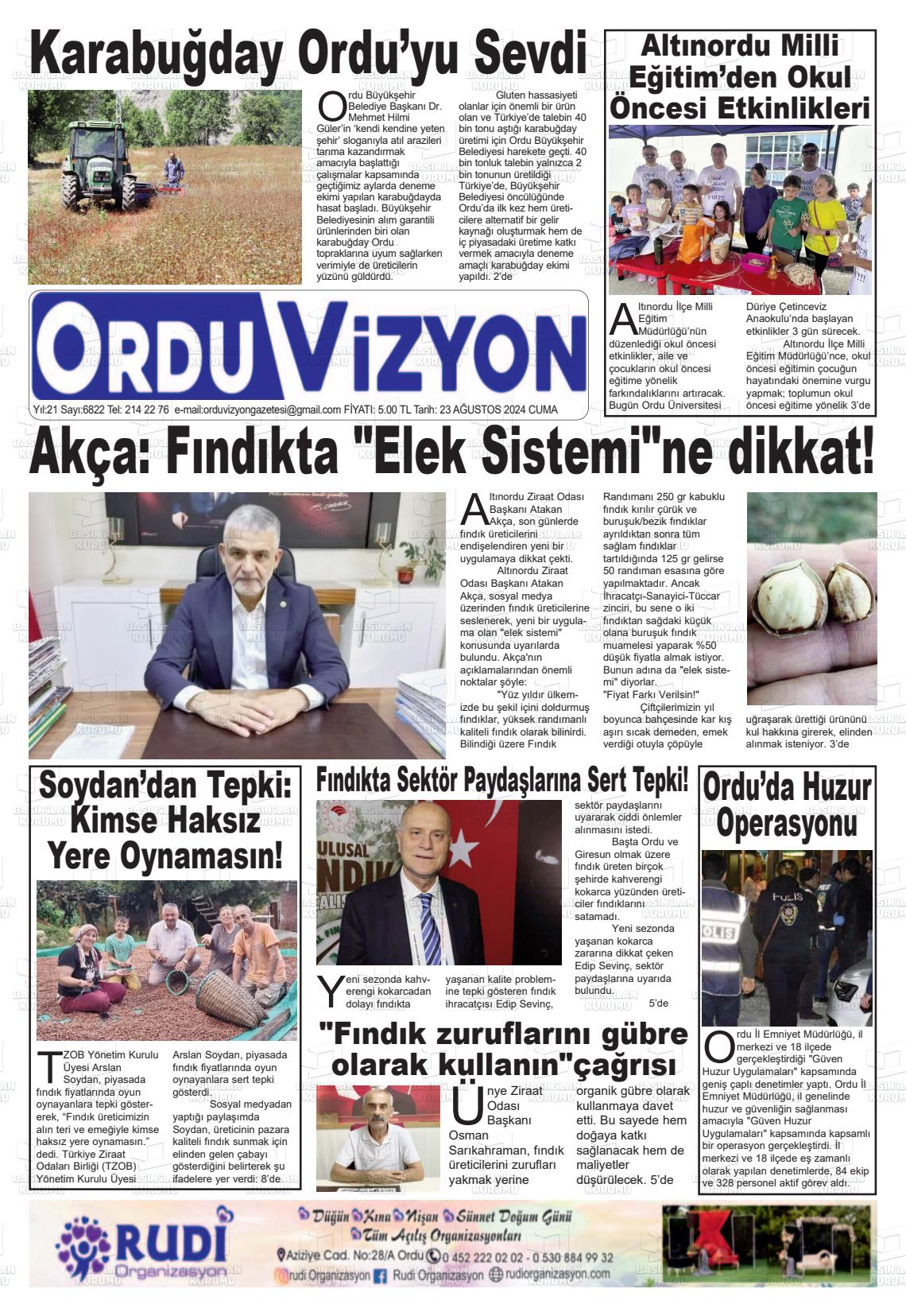 23 Ağustos 2024 Ordu Vizyon Gazete Manşeti