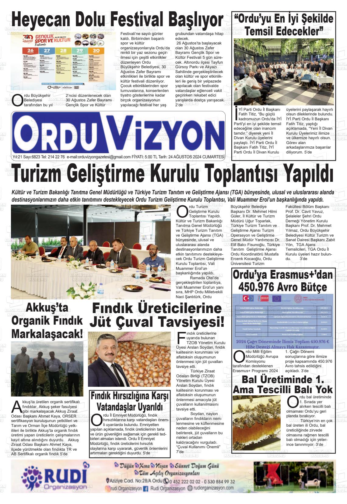 24 Ağustos 2024 Ordu Vizyon Gazete Manşeti