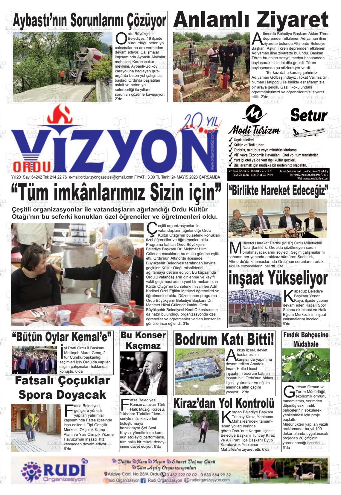 24 Mayıs 2023 Ordu Vizyon Gazete Manşeti