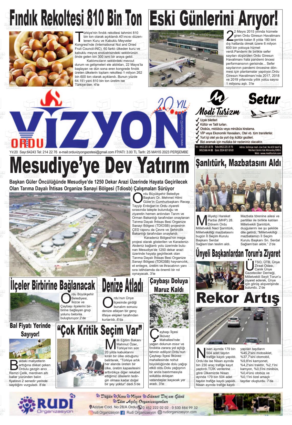 25 Mayıs 2023 Ordu Vizyon Gazete Manşeti