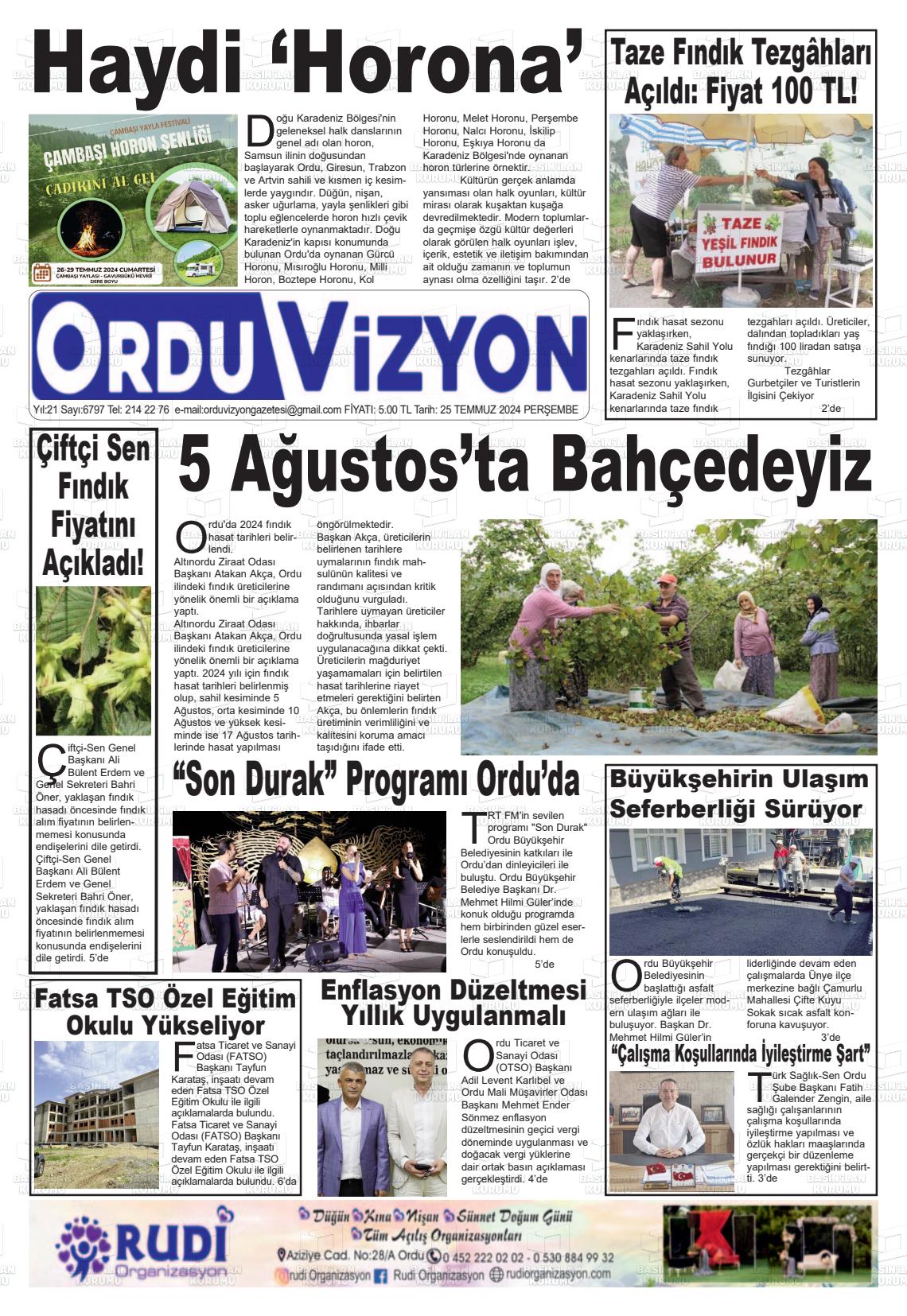 25 Temmuz 2024 Ordu Vizyon Gazete Manşeti