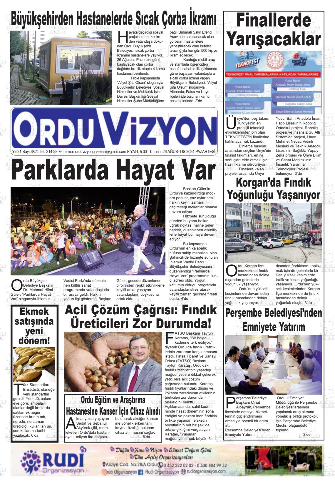 26 Ağustos 2024 Ordu Vizyon Gazete Manşeti