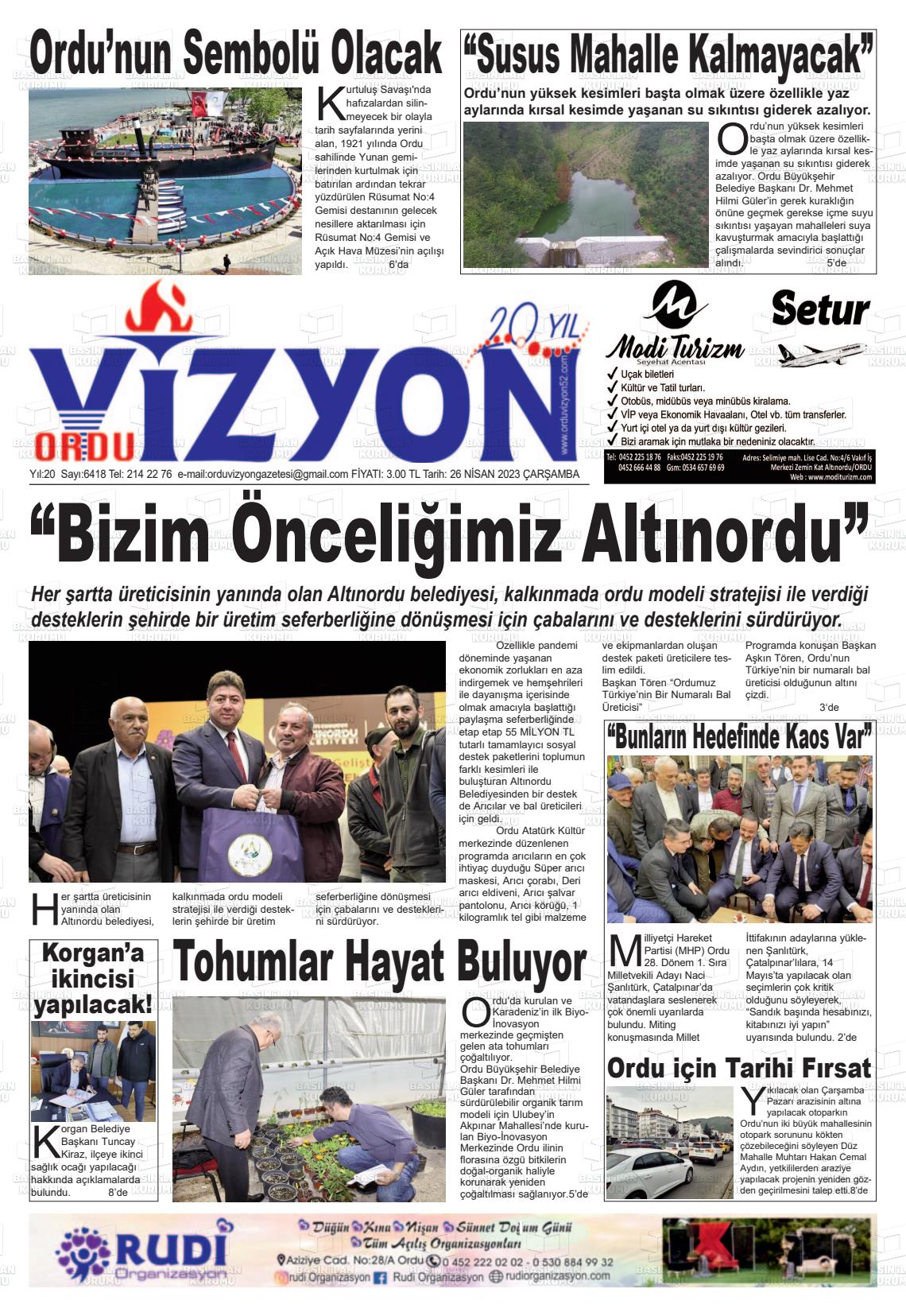 26 Nisan 2023 Ordu Vizyon Gazete Manşeti