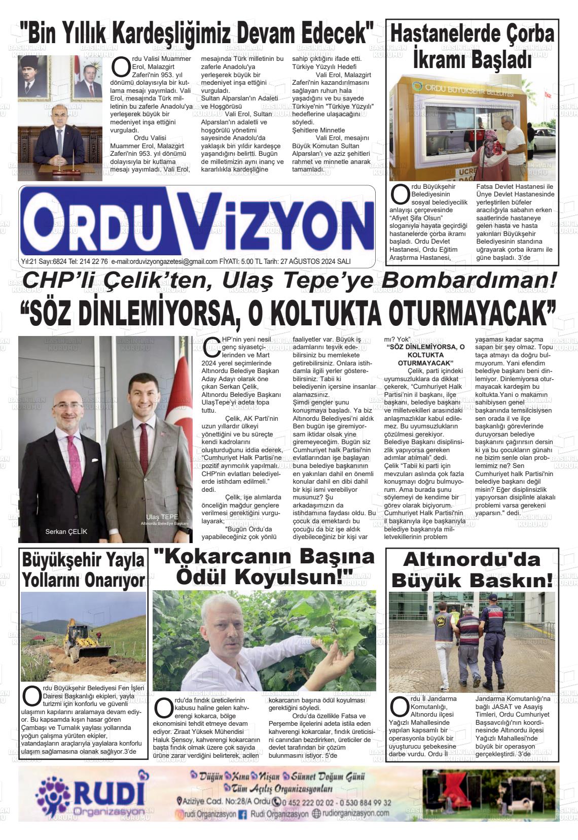 27 Ağustos 2024 Ordu Vizyon Gazete Manşeti