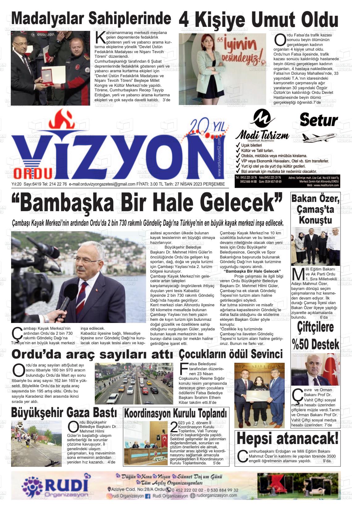 27 Nisan 2023 Ordu Vizyon Gazete Manşeti