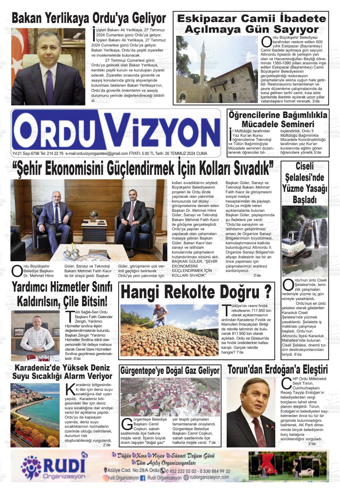 27 Temmuz 2024 Ordu Vizyon Gazete Manşeti