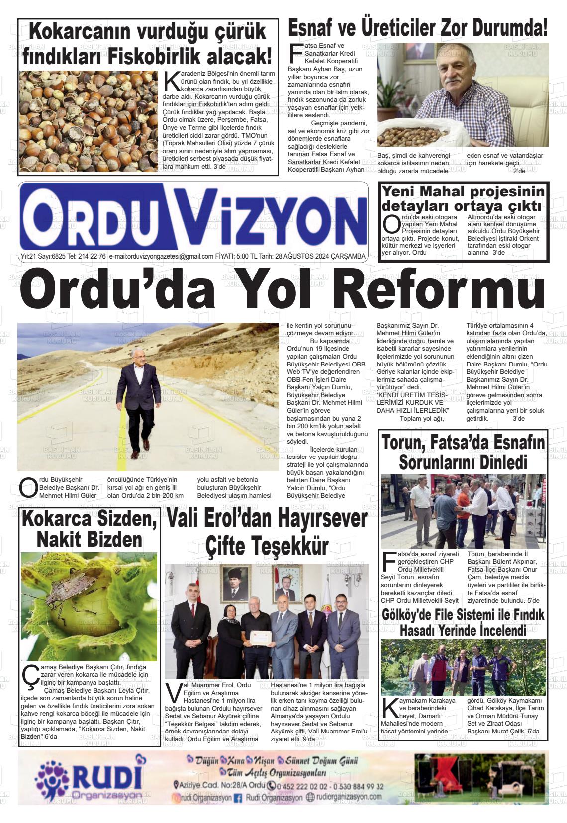 28 Ağustos 2024 Ordu Vizyon Gazete Manşeti