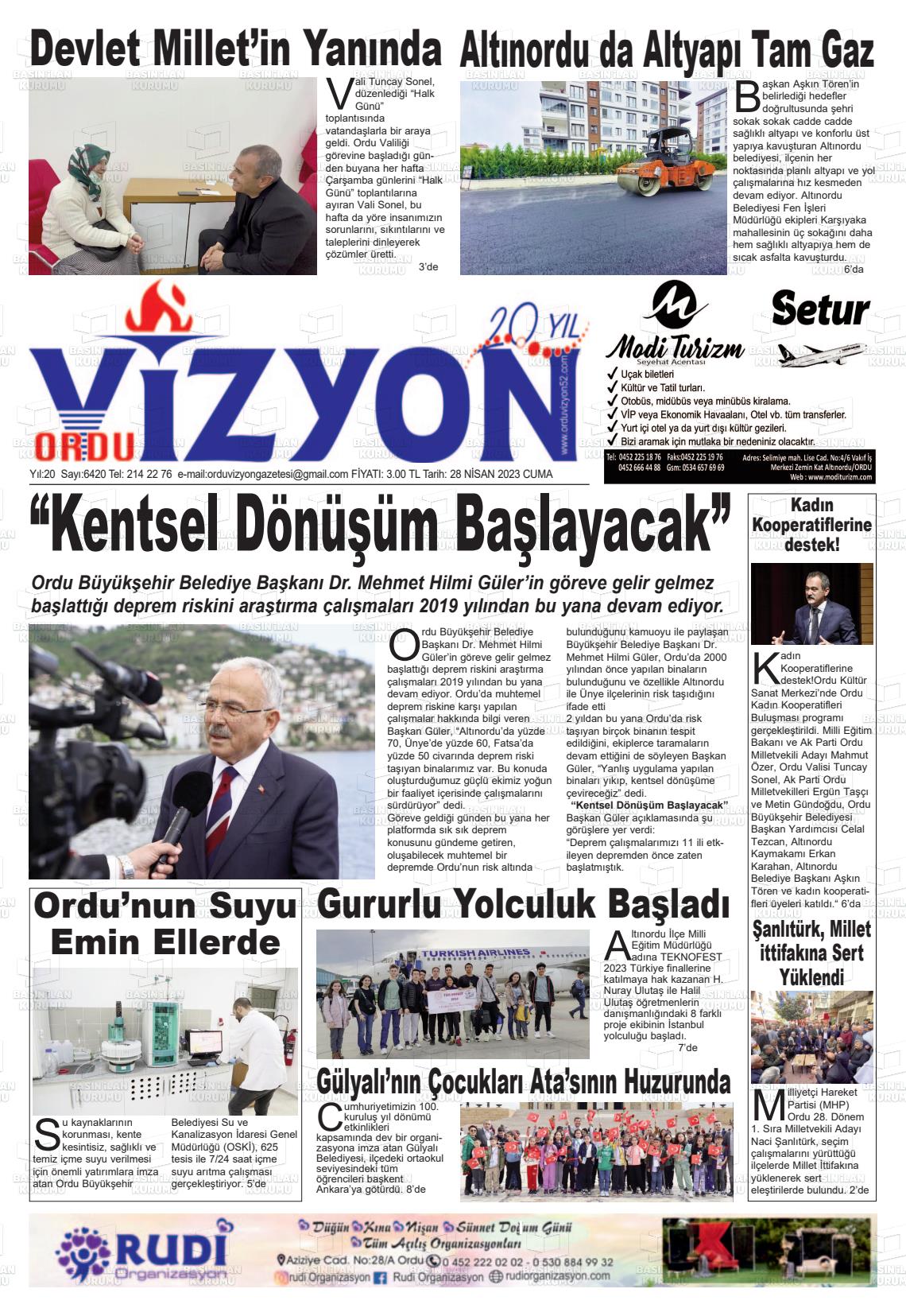 28 Nisan 2023 Ordu Vizyon Gazete Manşeti