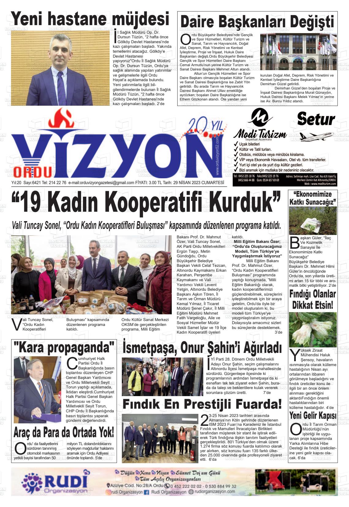 29 Nisan 2023 Ordu Vizyon Gazete Manşeti