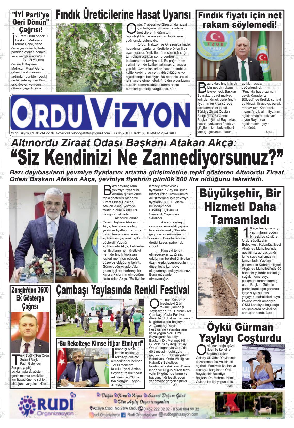 30 Temmuz 2024 Ordu Vizyon Gazete Manşeti