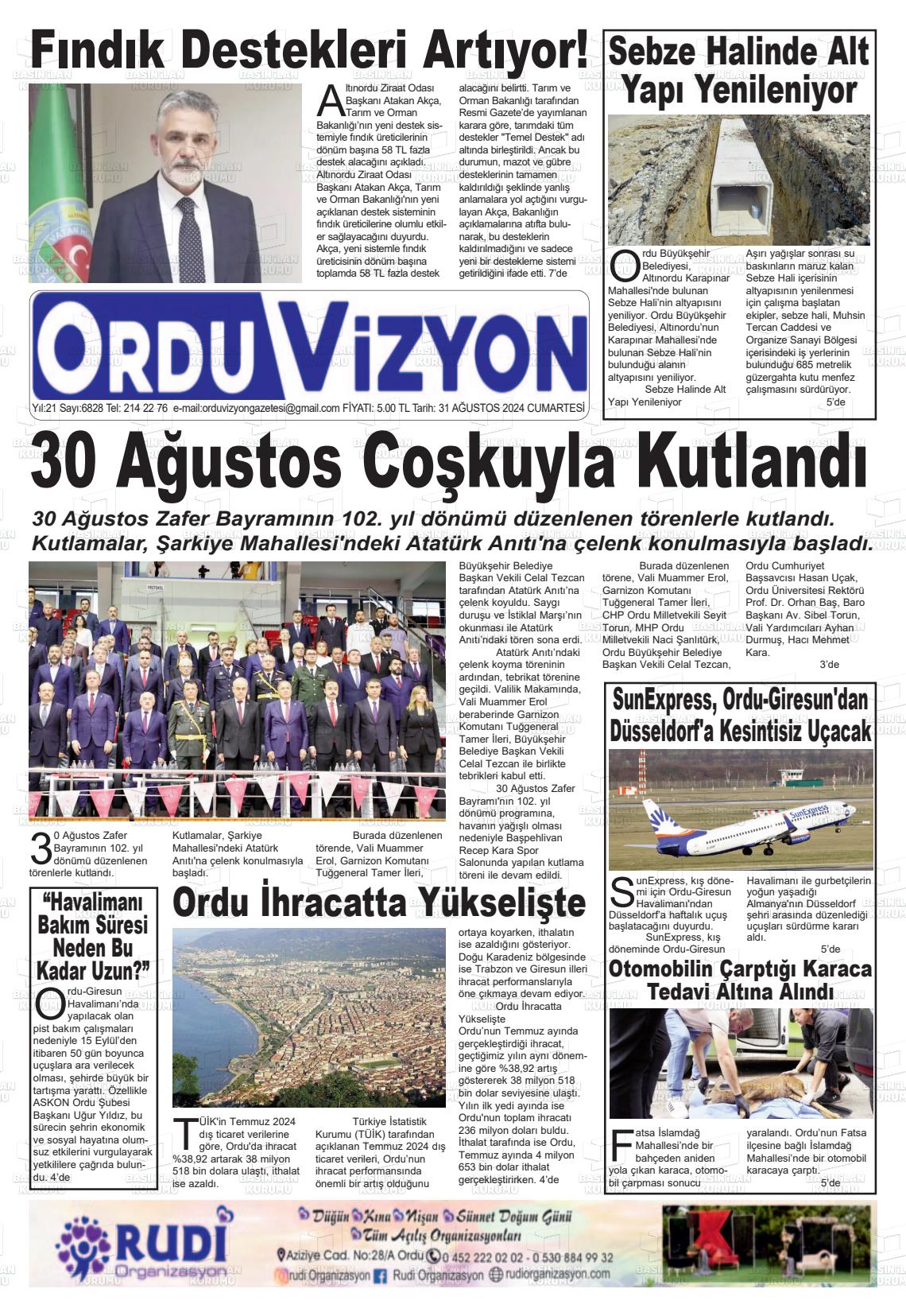 31 Ağustos 2024 Ordu Vizyon Gazete Manşeti