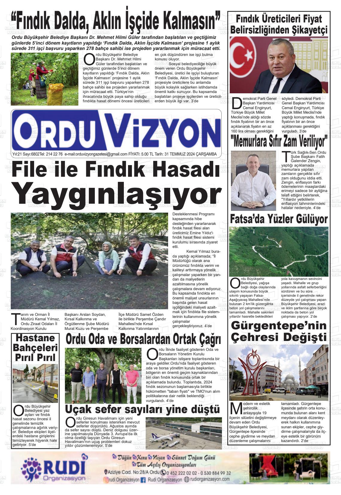 31 Temmuz 2024 Ordu Vizyon Gazete Manşeti