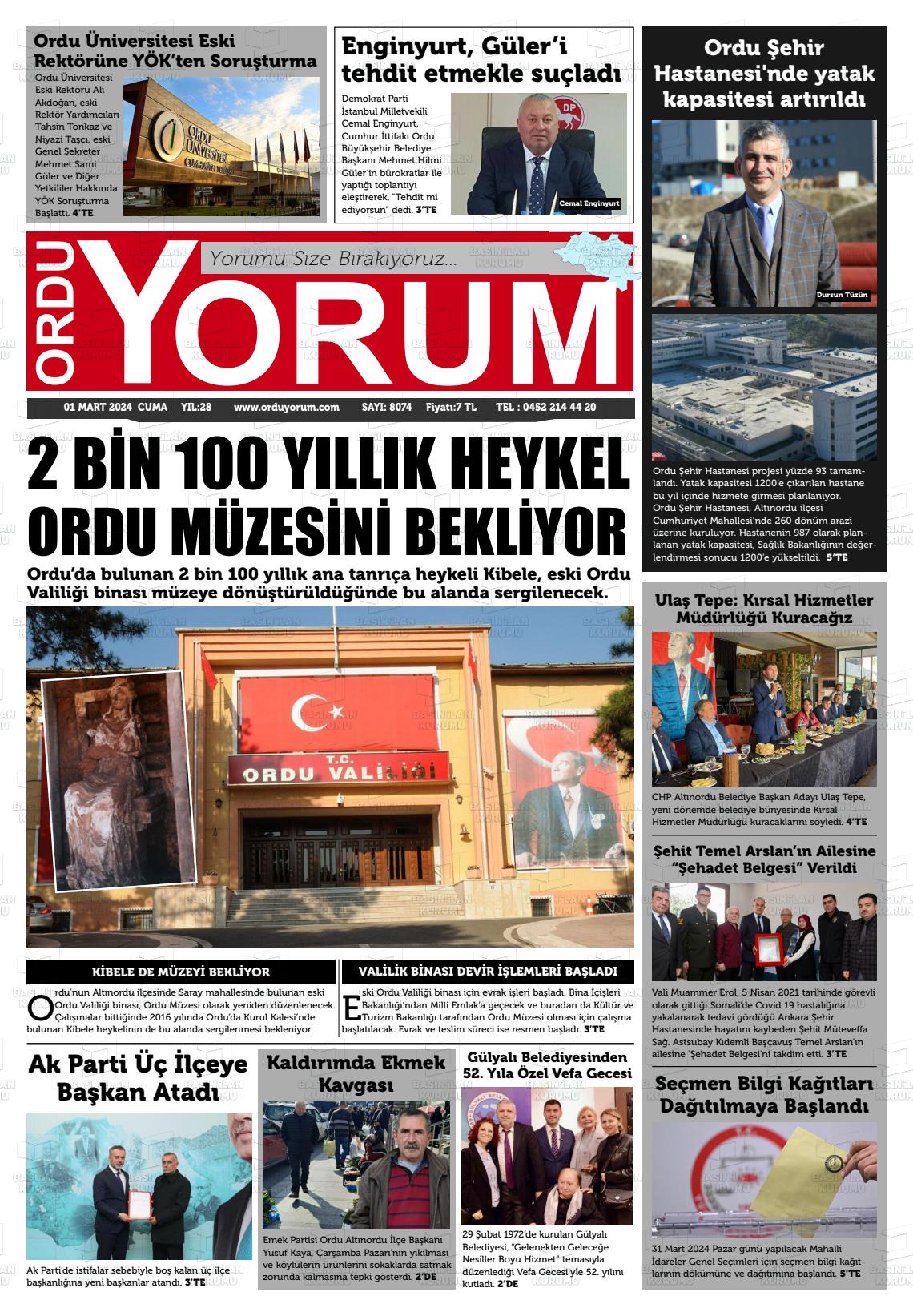 01 Mart 2024 Ordu Yorum Gazete Manşeti