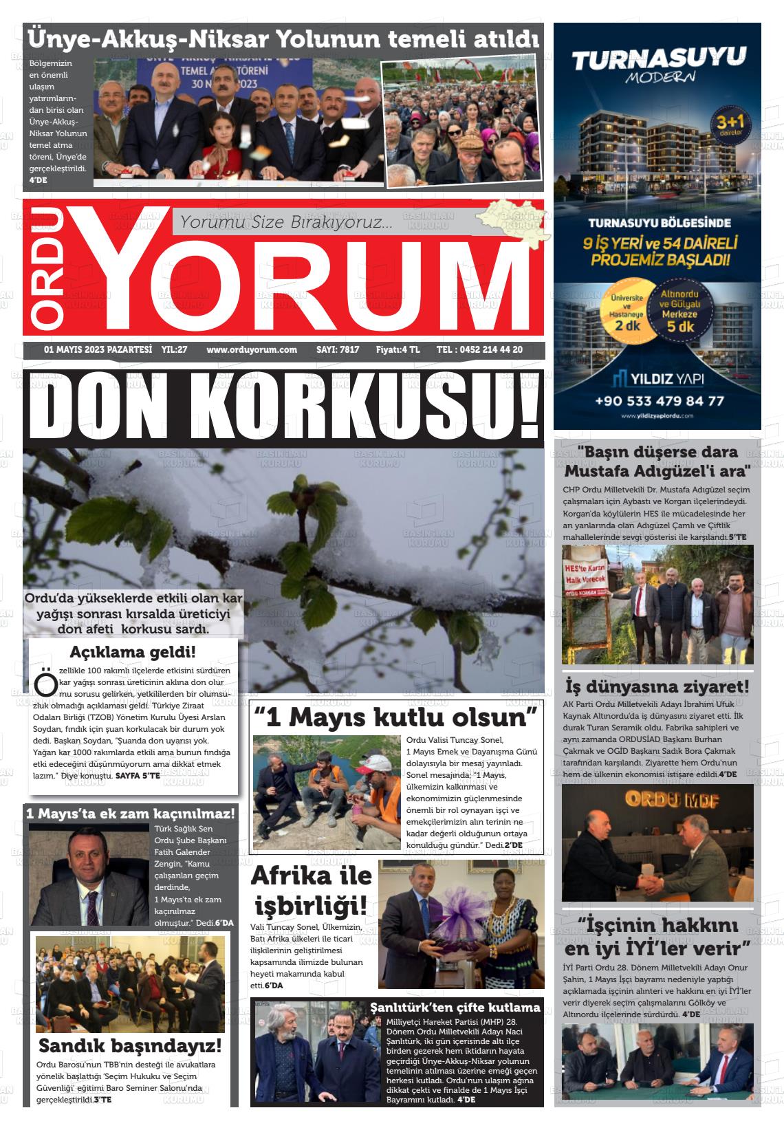 01 Mayıs 2023 Ordu Yorum Gazete Manşeti