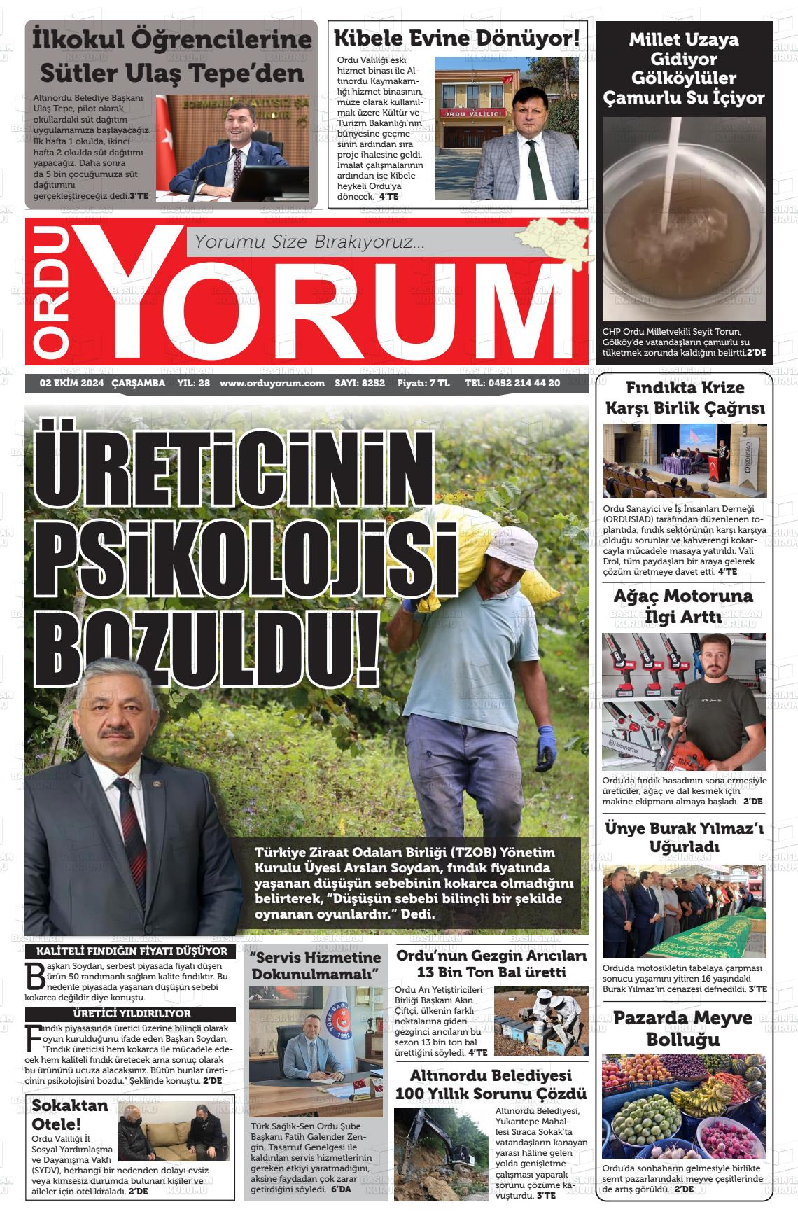 02 Ekim 2024 Ordu Yorum Gazete Manşeti