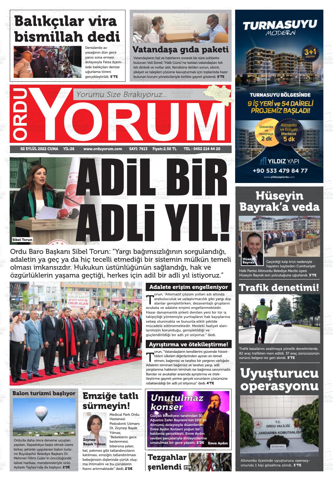 02 Eylül 2022 Ordu Yorum Gazete Manşeti