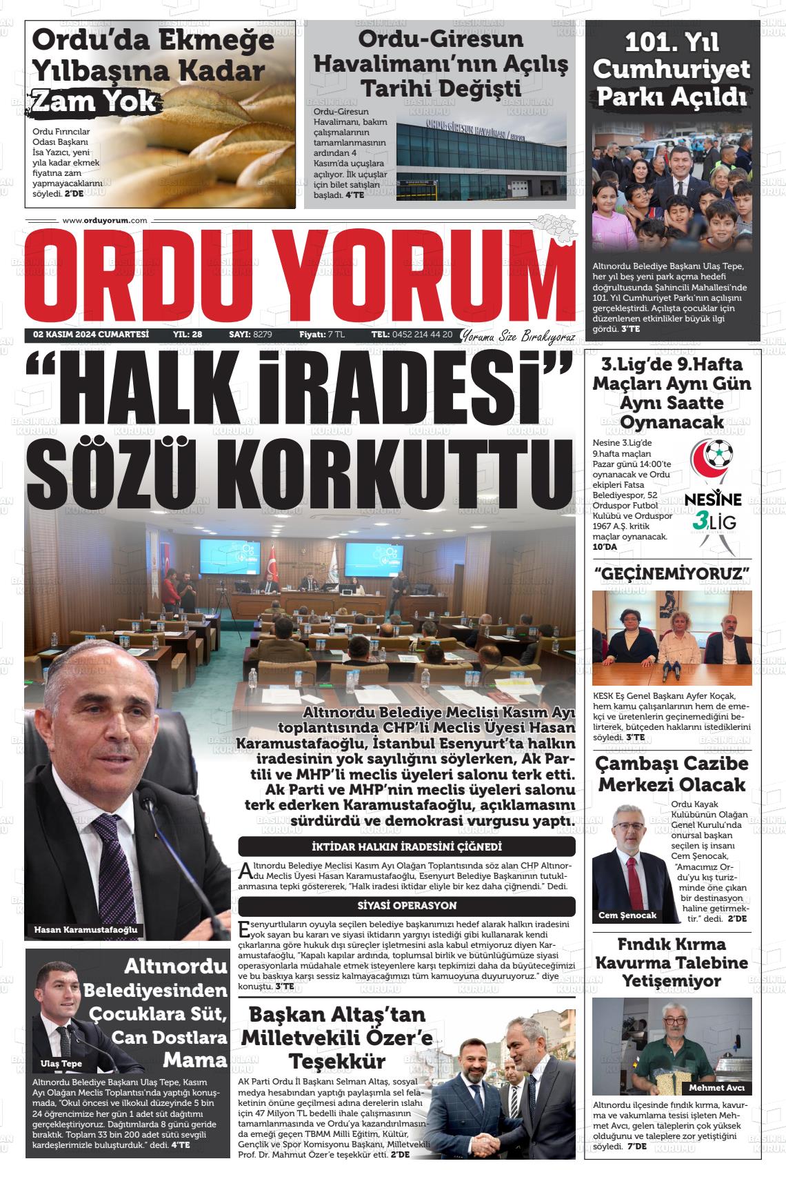 02 Kasım 2024 Ordu Yorum Gazete Manşeti