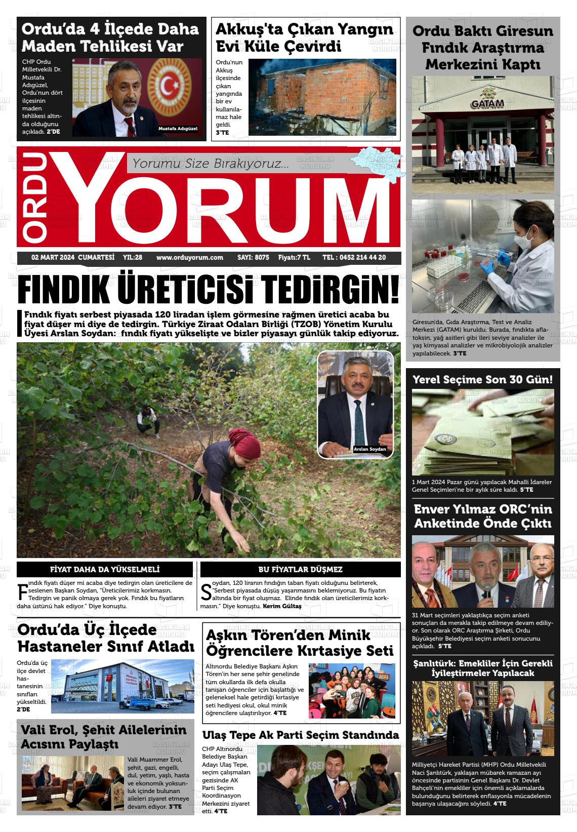 02 Mart 2024 Ordu Yorum Gazete Manşeti