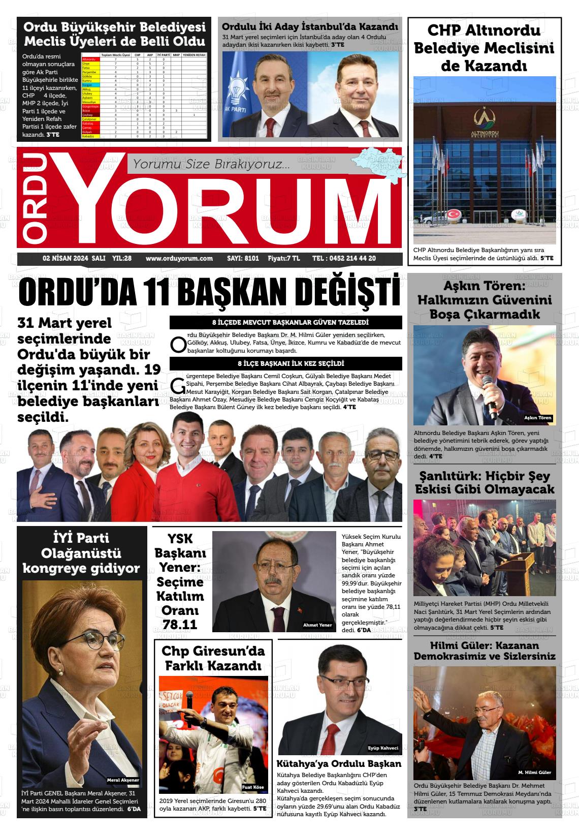 02 Nisan 2024 Ordu Yorum Gazete Manşeti