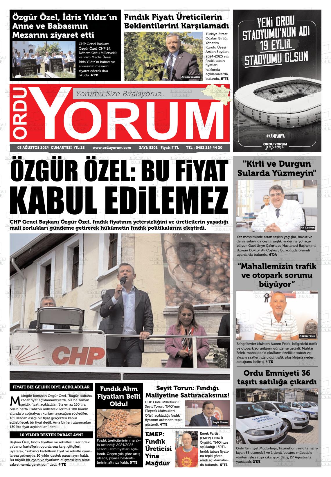 03 Ağustos 2024 Ordu Yorum Gazete Manşeti