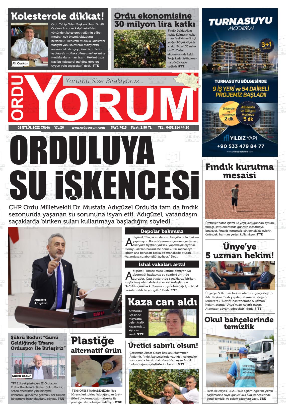 03 Eylül 2022 Ordu Yorum Gazete Manşeti