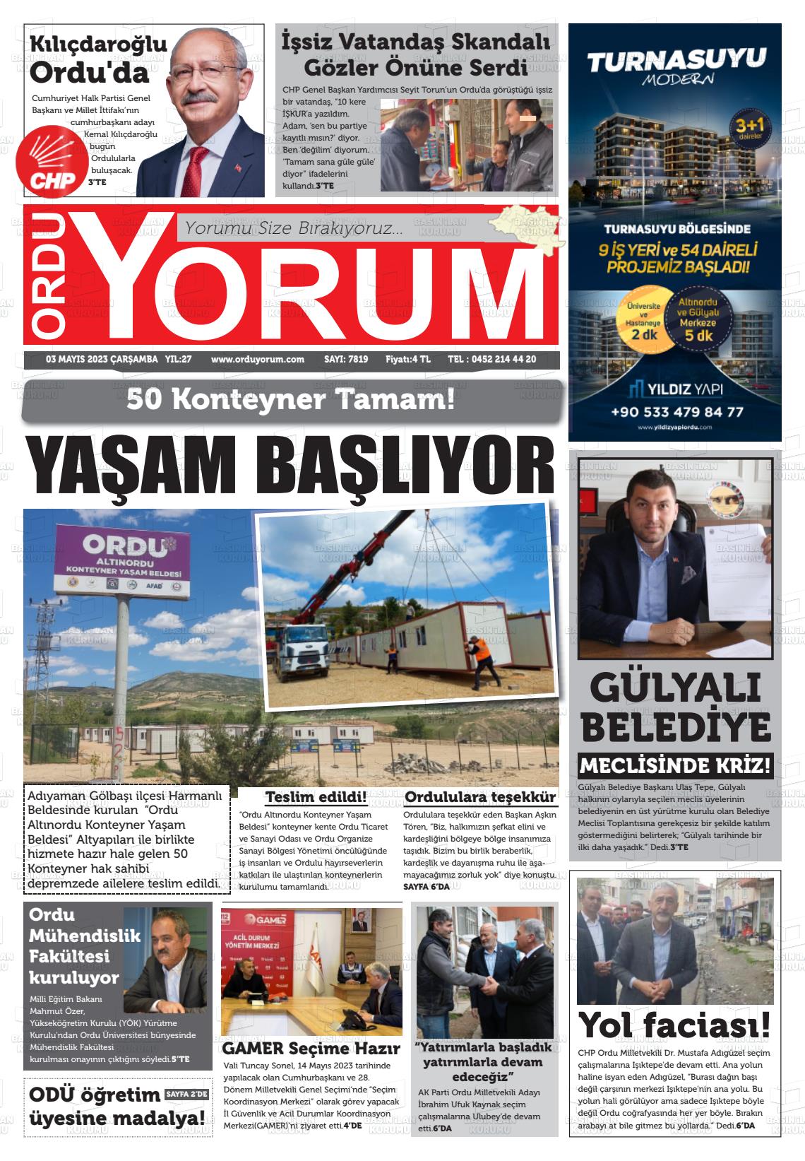 03 Mayıs 2023 Ordu Yorum Gazete Manşeti