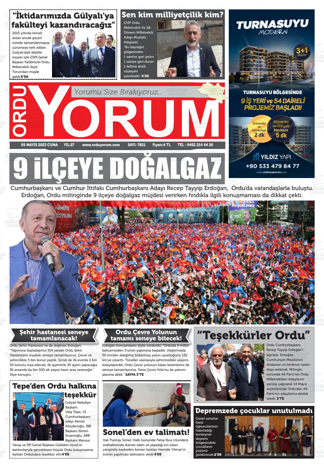 05 Mayıs 2023 Ordu Yorum Gazete Manşeti