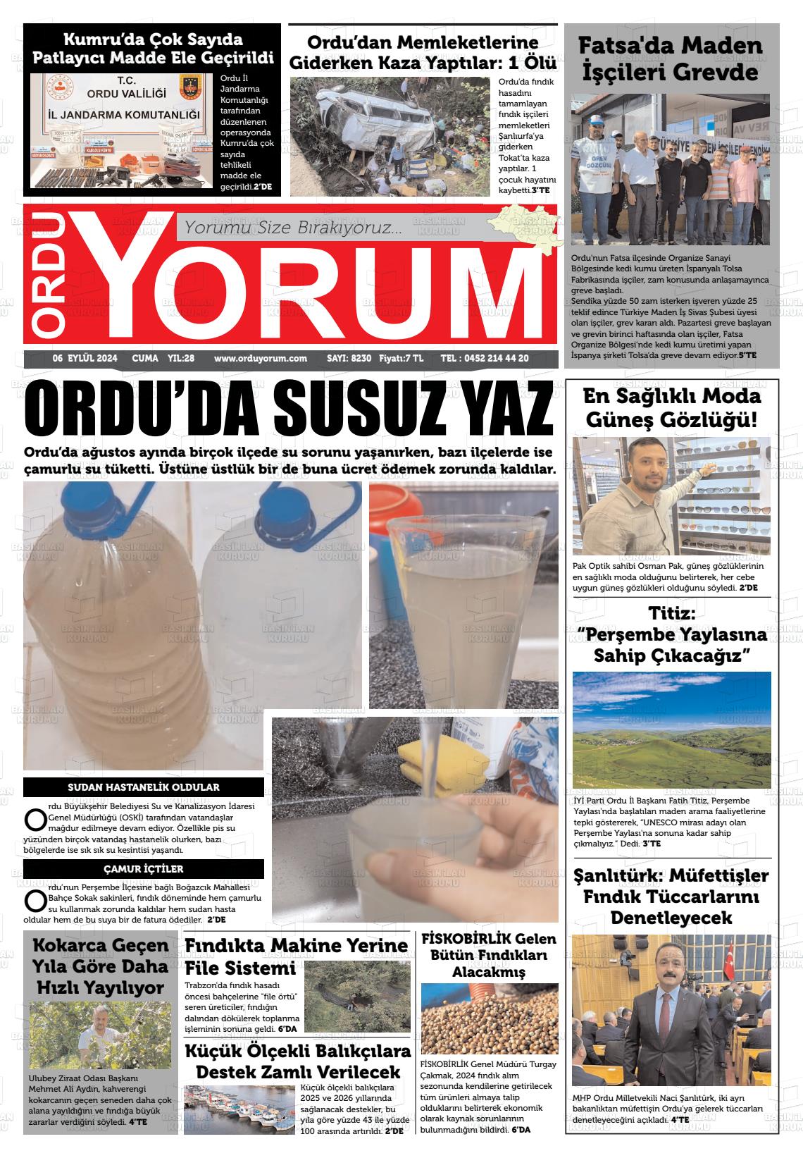 06 Eylül 2024 Ordu Yorum Gazete Manşeti