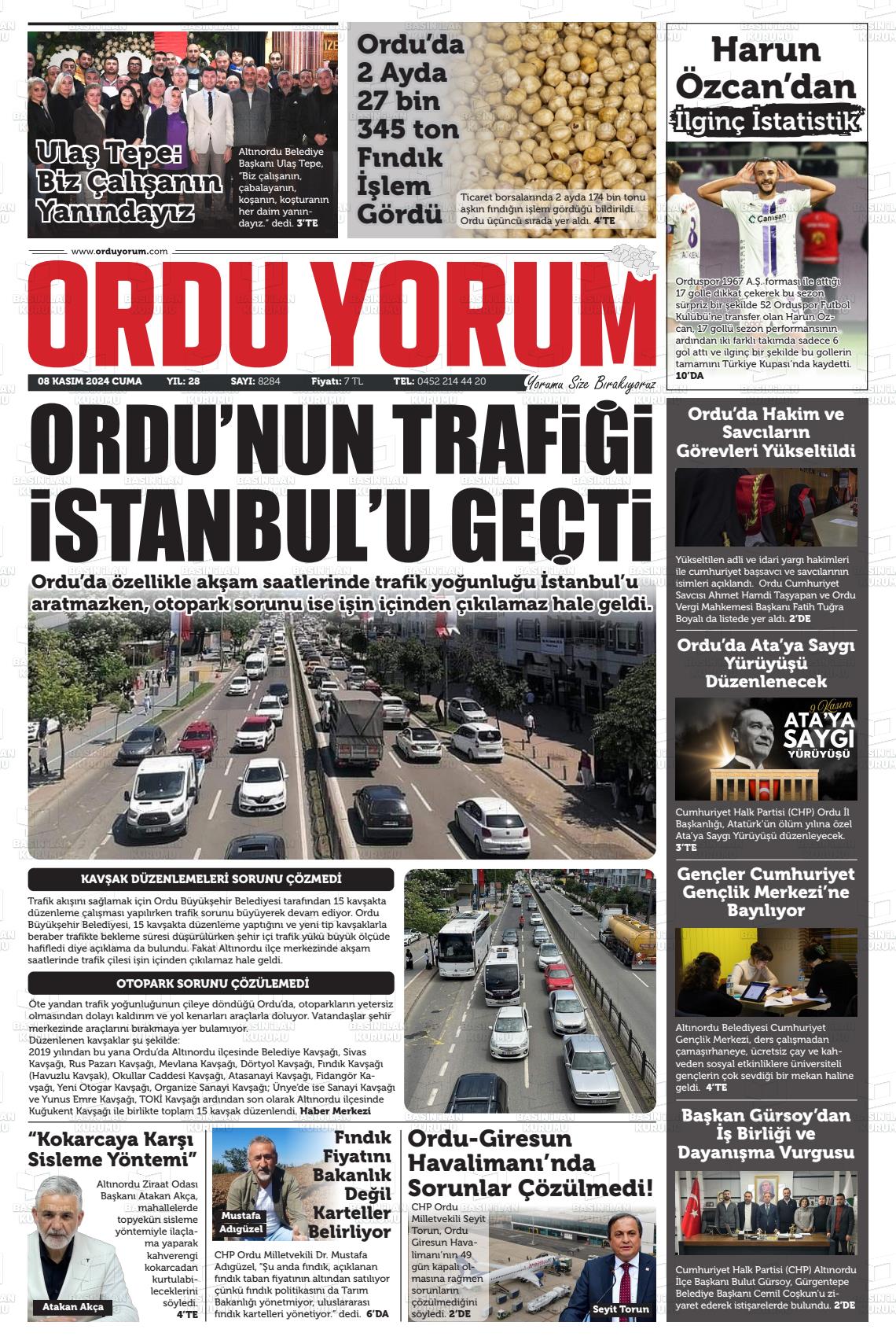 08 Kasım 2024 Ordu Yorum Gazete Manşeti