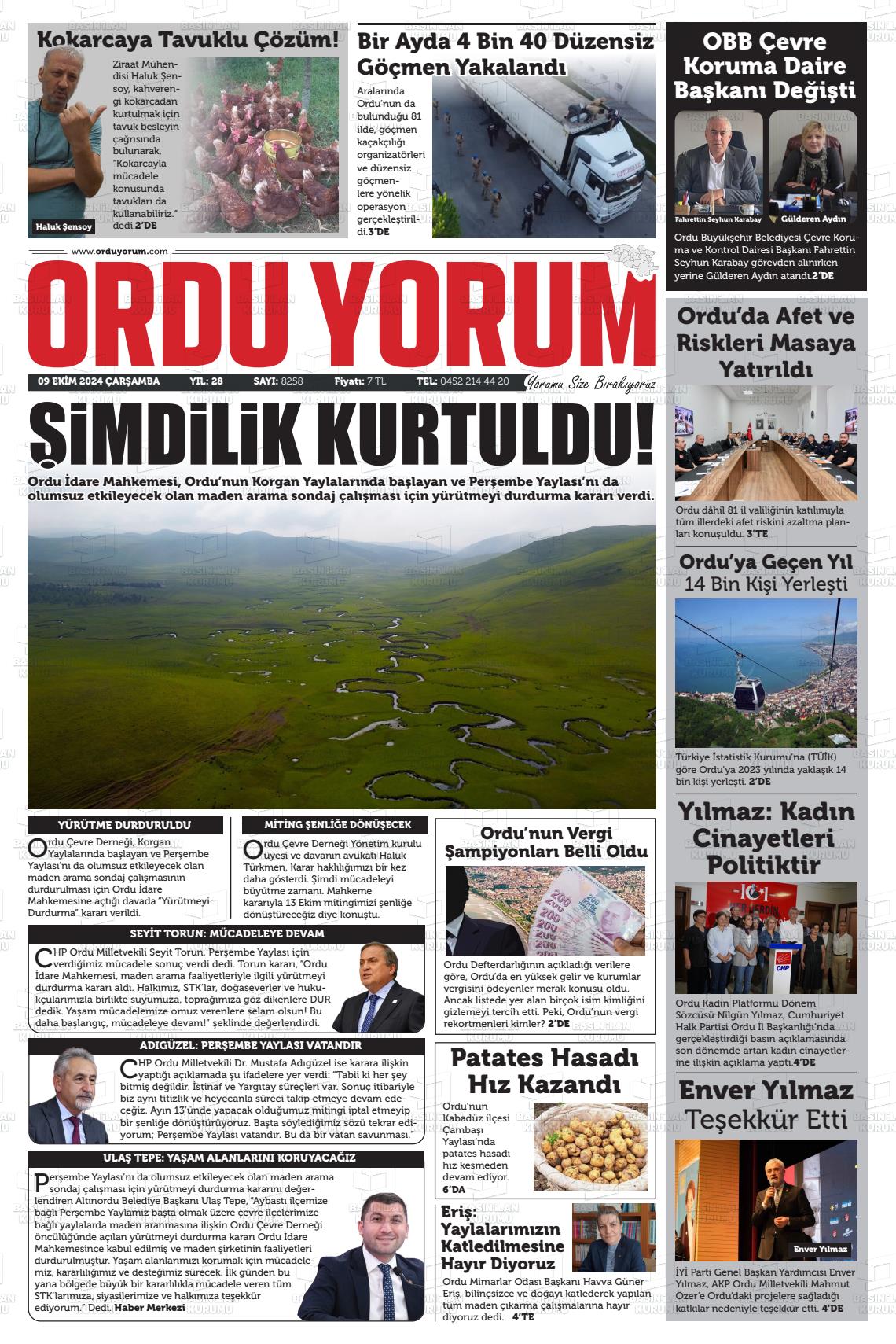 09 Ekim 2024 Ordu Yorum Gazete Manşeti