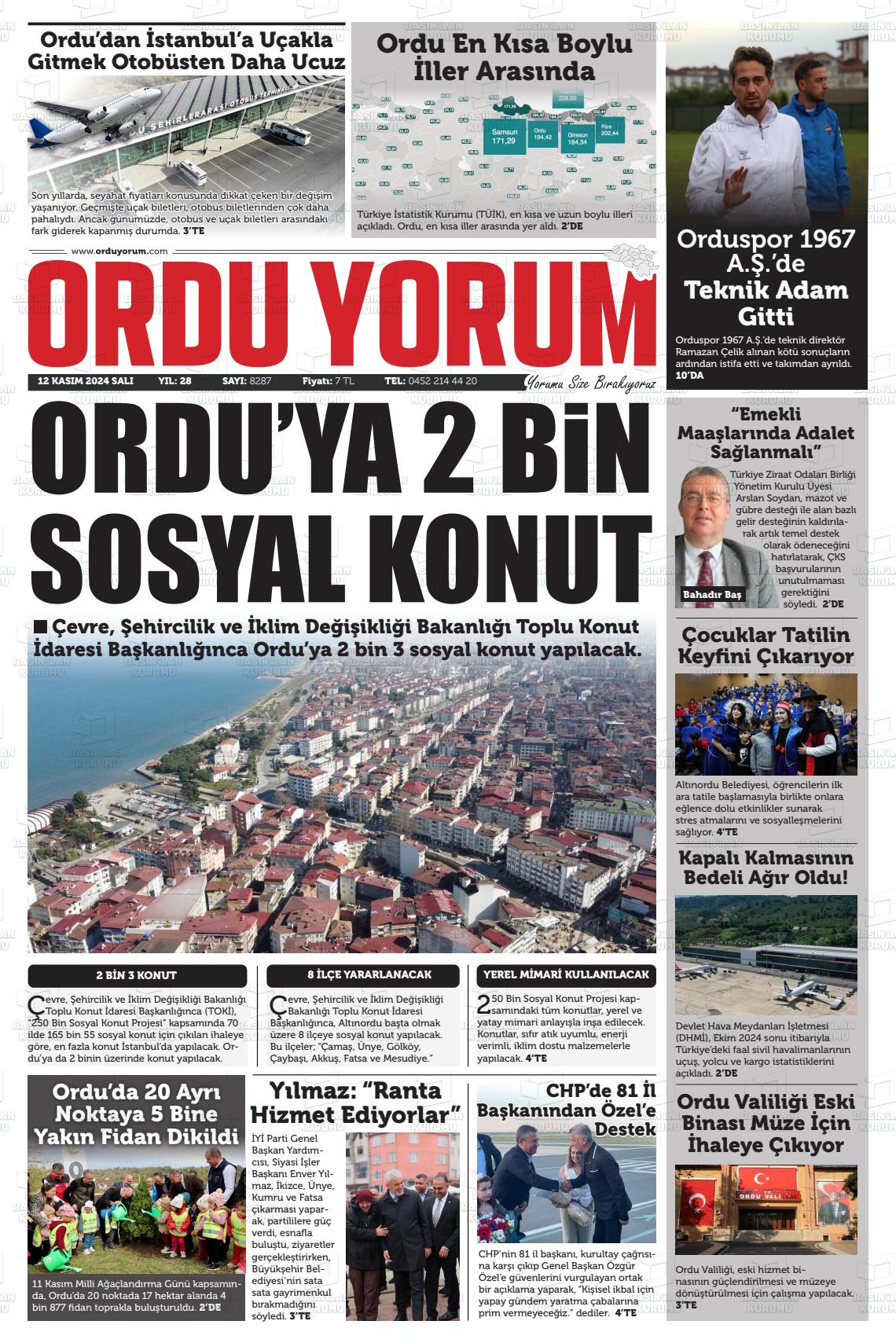 12 Kasım 2024 Ordu Yorum Gazete Manşeti