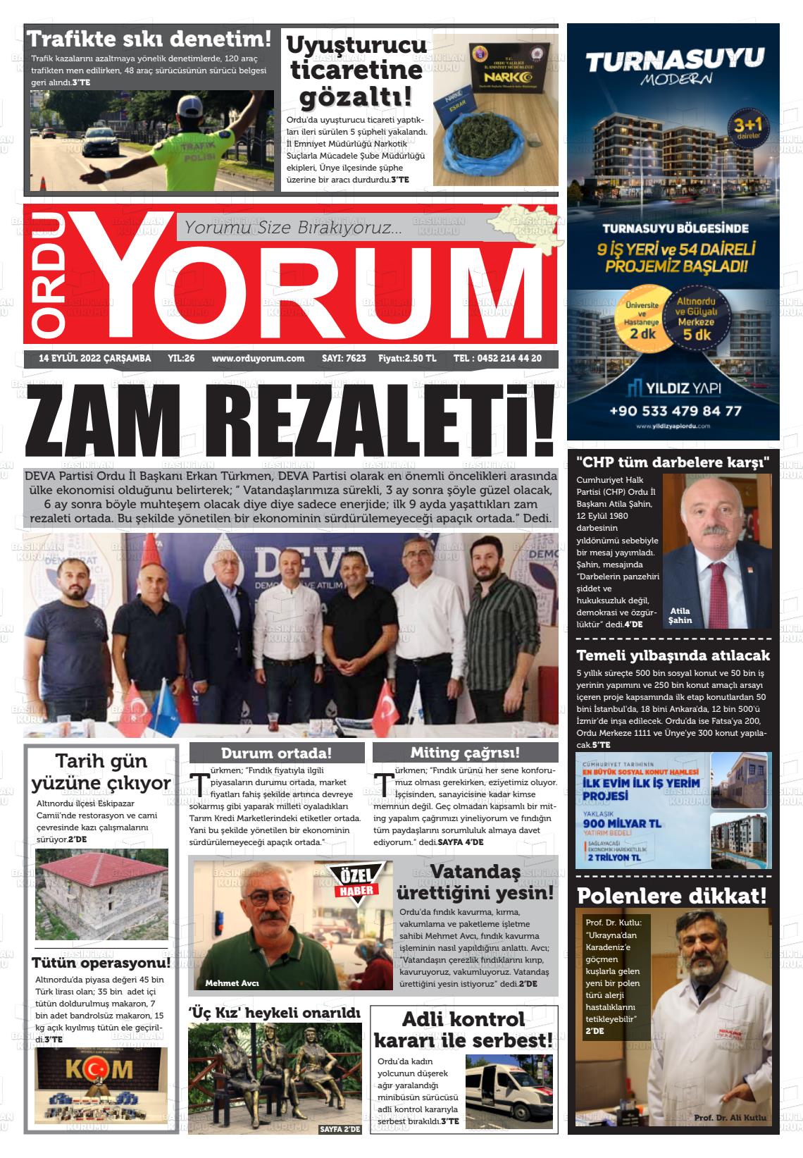 14 Eylül 2022 Ordu Yorum Gazete Manşeti