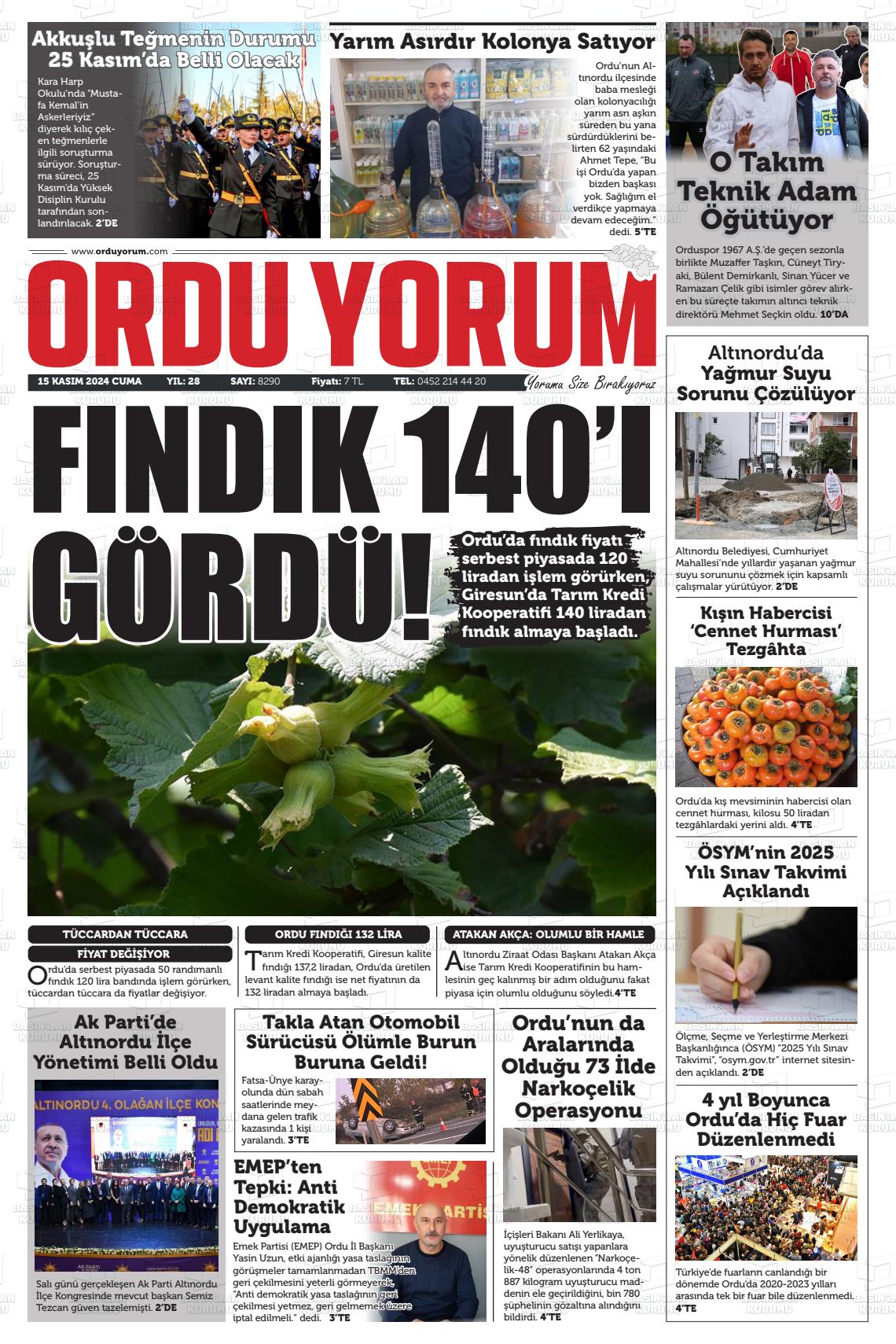 15 Kasım 2024 Ordu Yorum Gazete Manşeti