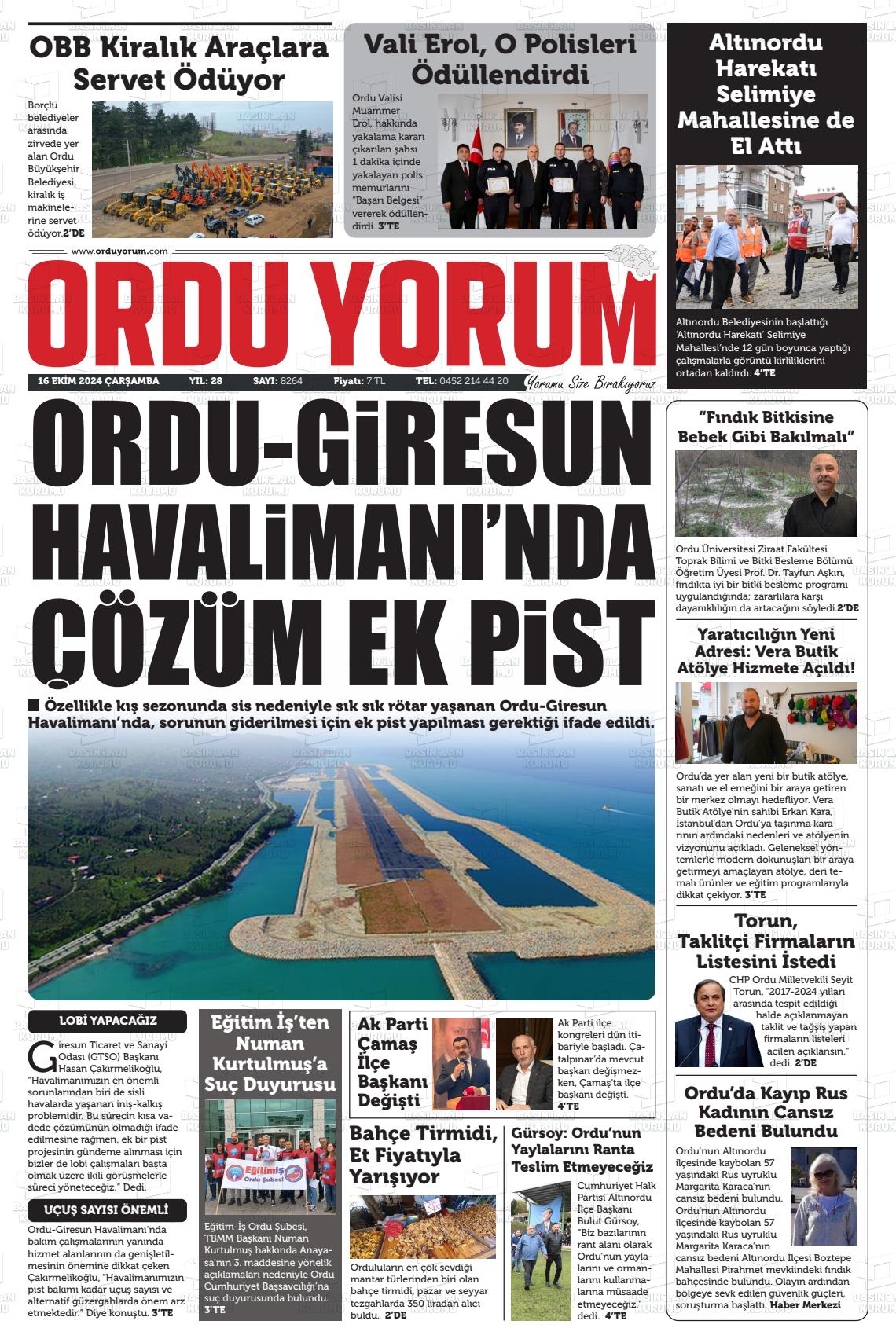 16 Ekim 2024 Ordu Yorum Gazete Manşeti