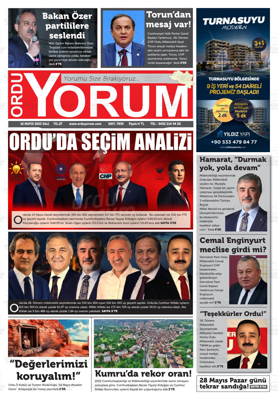 16 Mayıs 2023 Ordu Yorum Gazete Manşeti