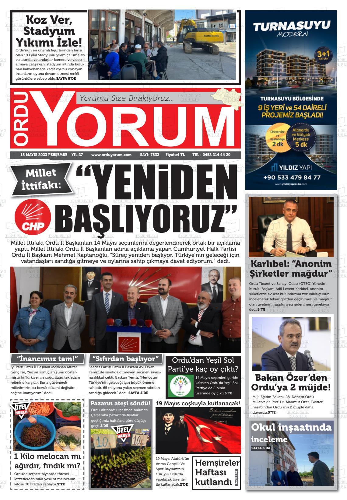 18 Mayıs 2023 Ordu Yorum Gazete Manşeti