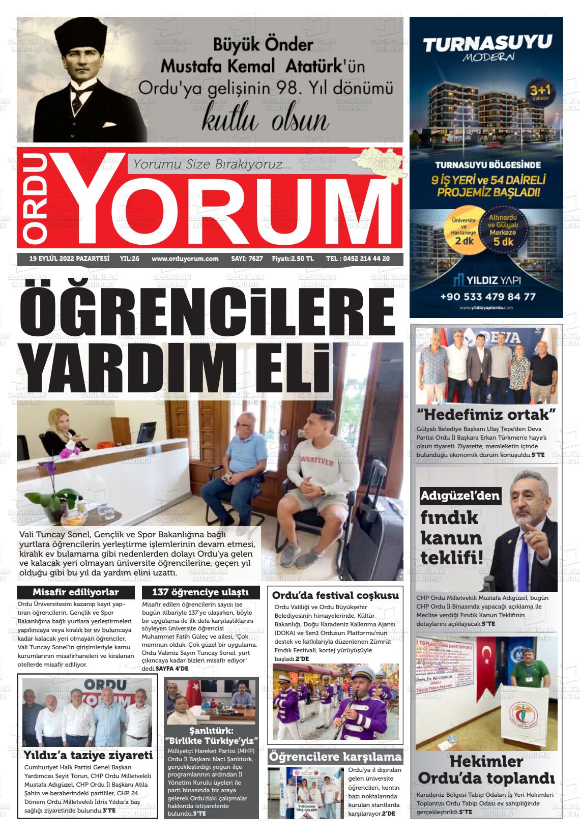 19 Eylül 2022 Ordu Yorum Gazete Manşeti