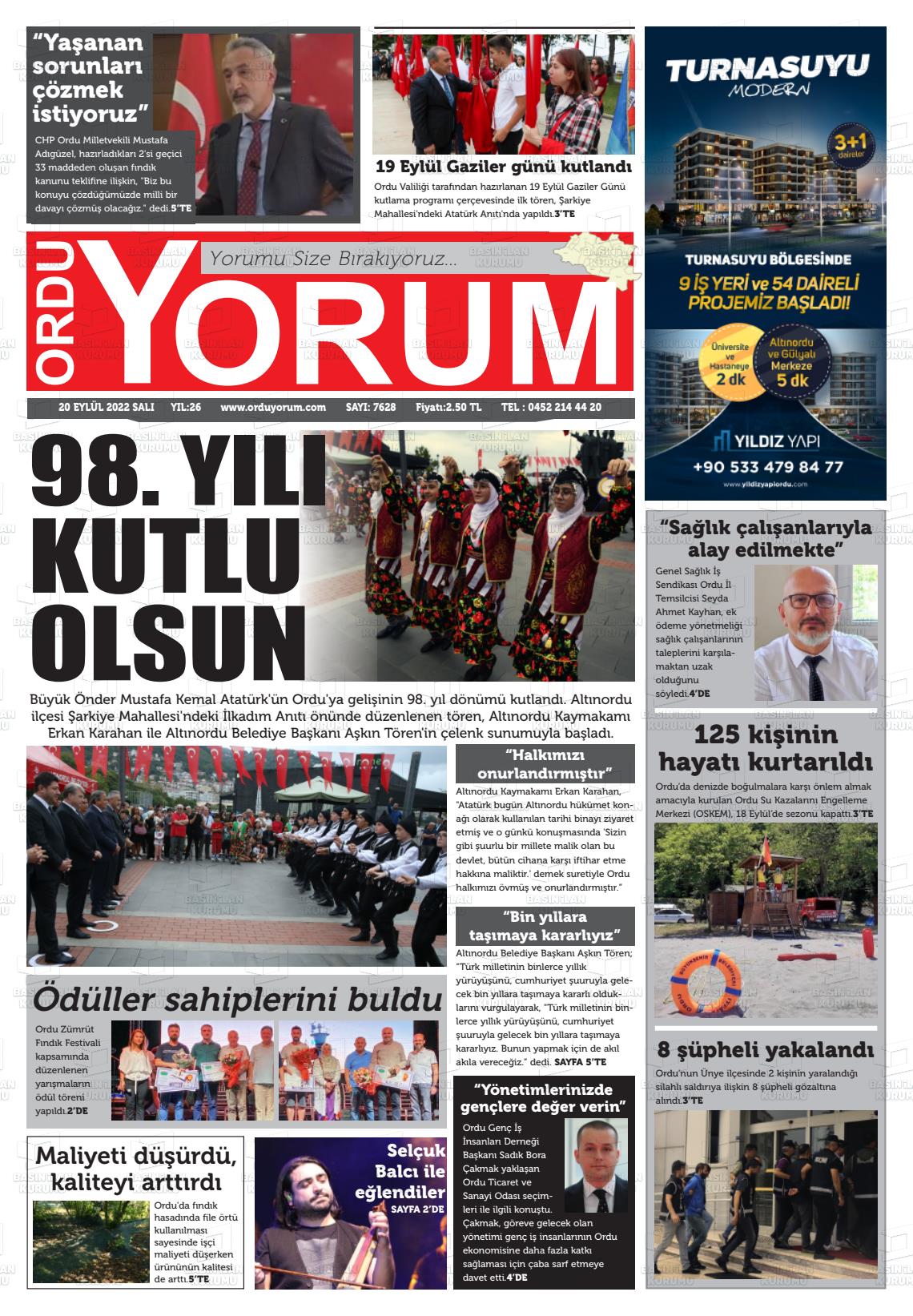 20 Eylül 2022 Ordu Yorum Gazete Manşeti