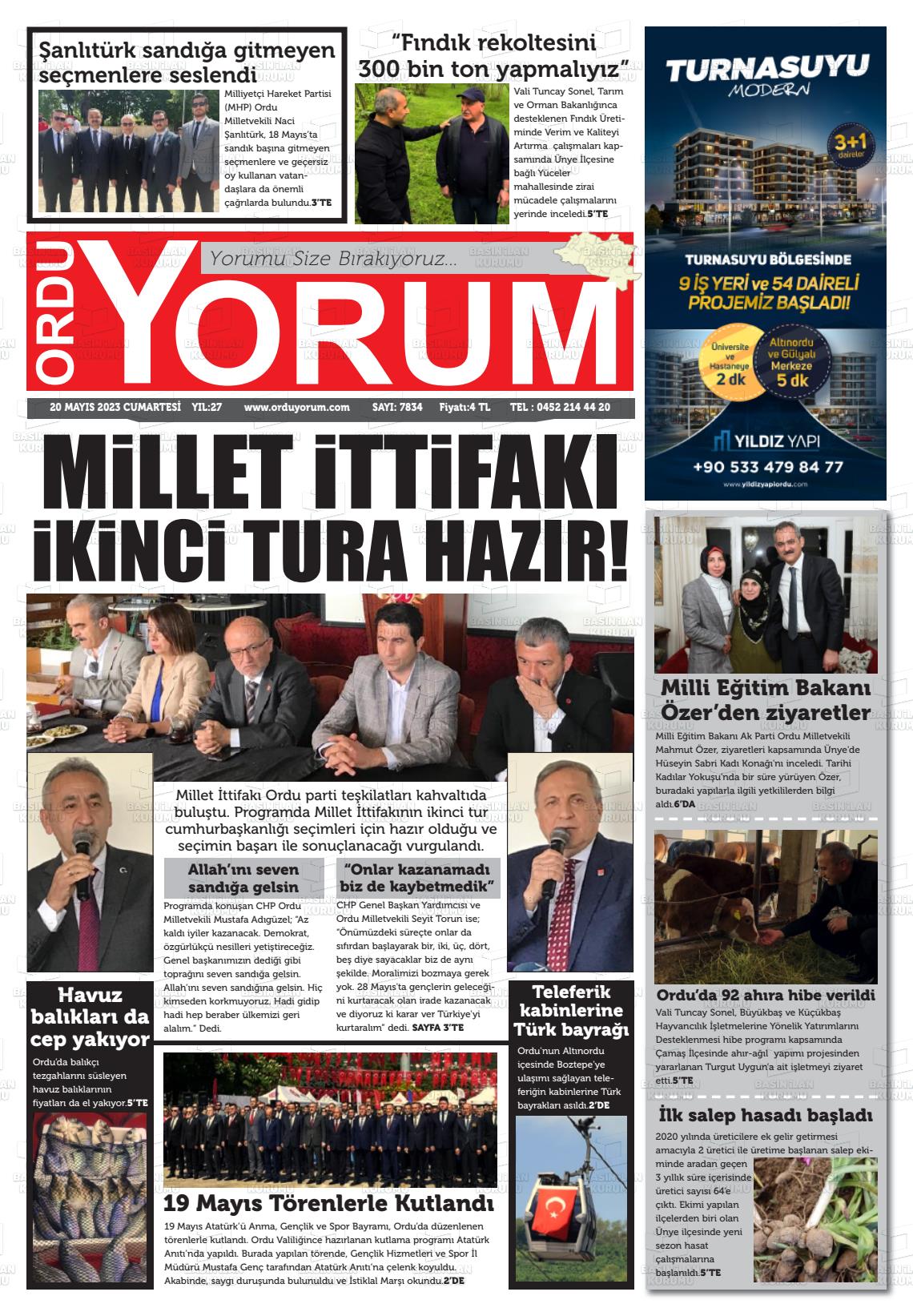 20 Mayıs 2023 Ordu Yorum Gazete Manşeti