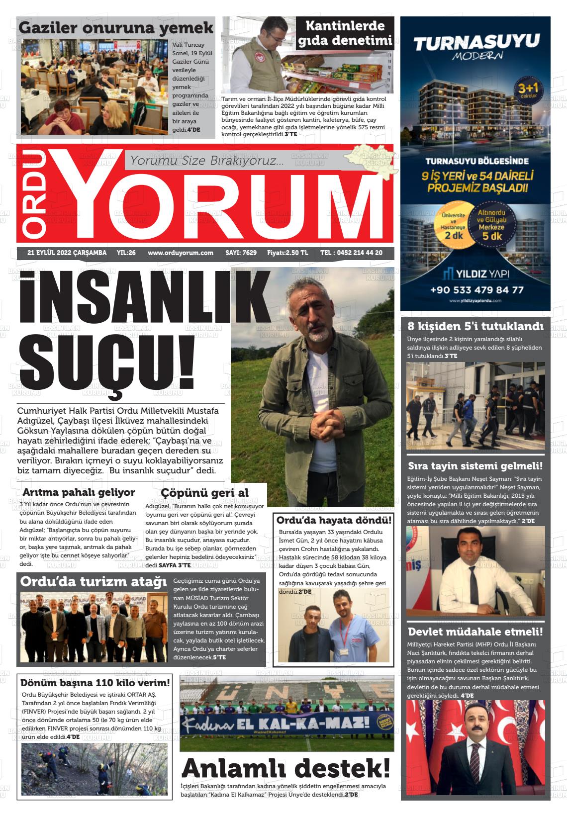 21 Eylül 2022 Ordu Yorum Gazete Manşeti