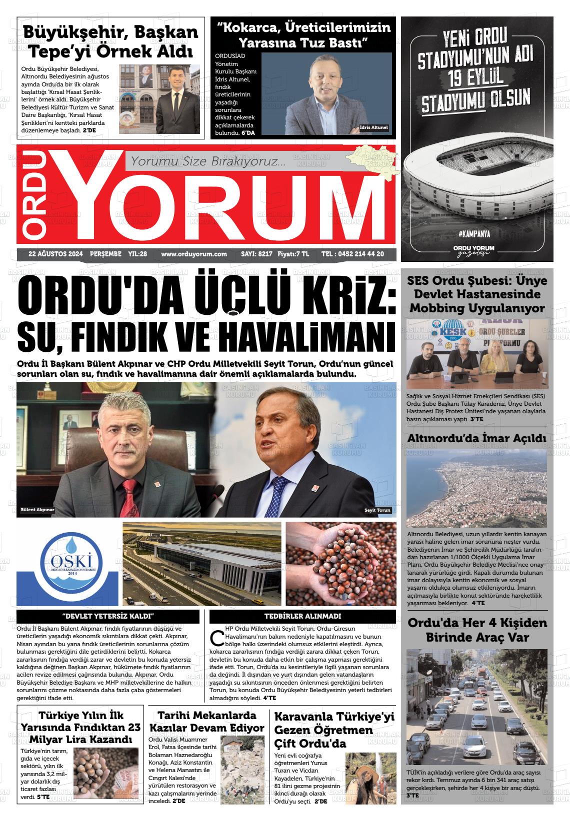 22 Ağustos 2024 Ordu Yorum Gazete Manşeti