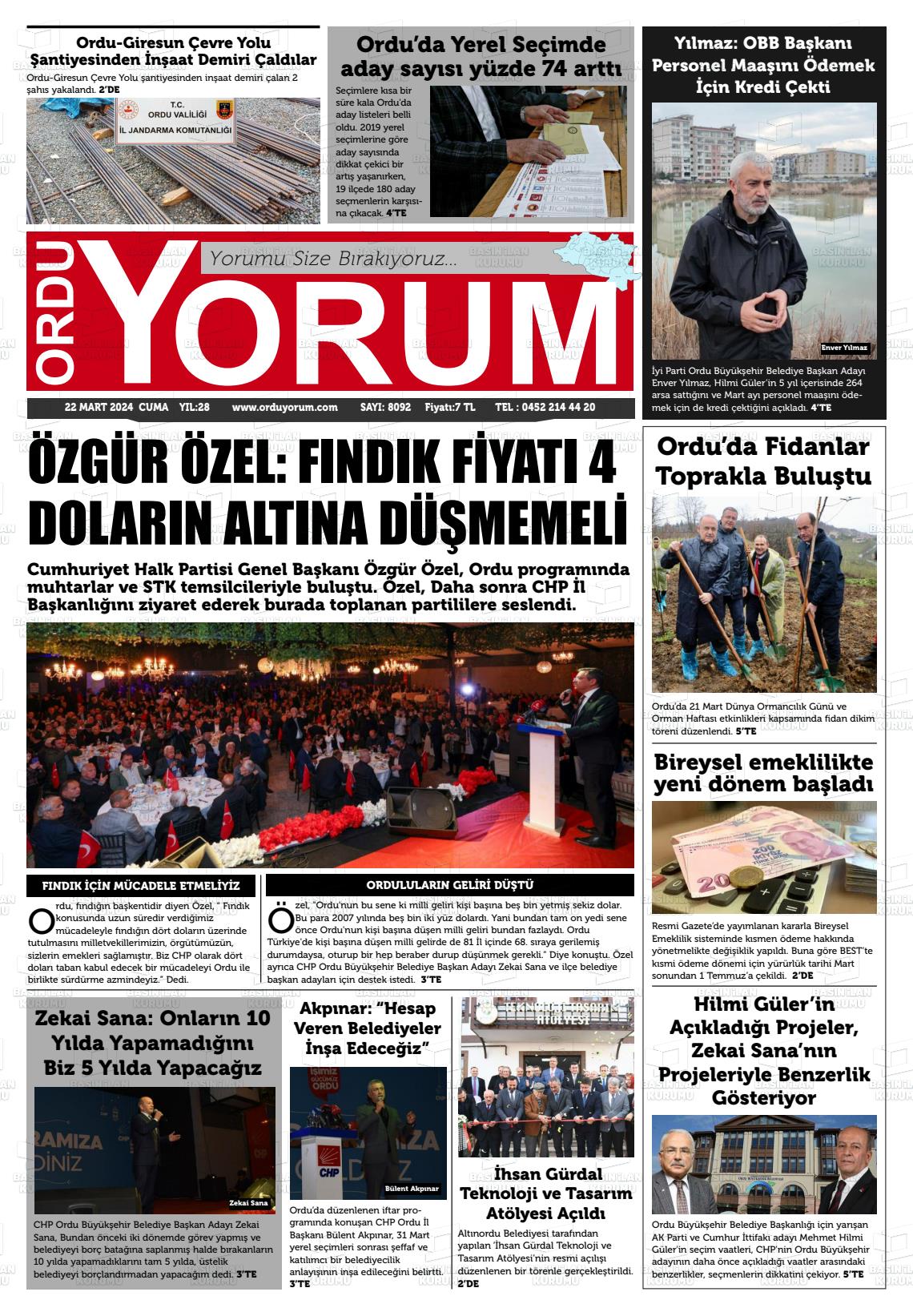 22 Mart 2024 Ordu Yorum Gazete Manşeti