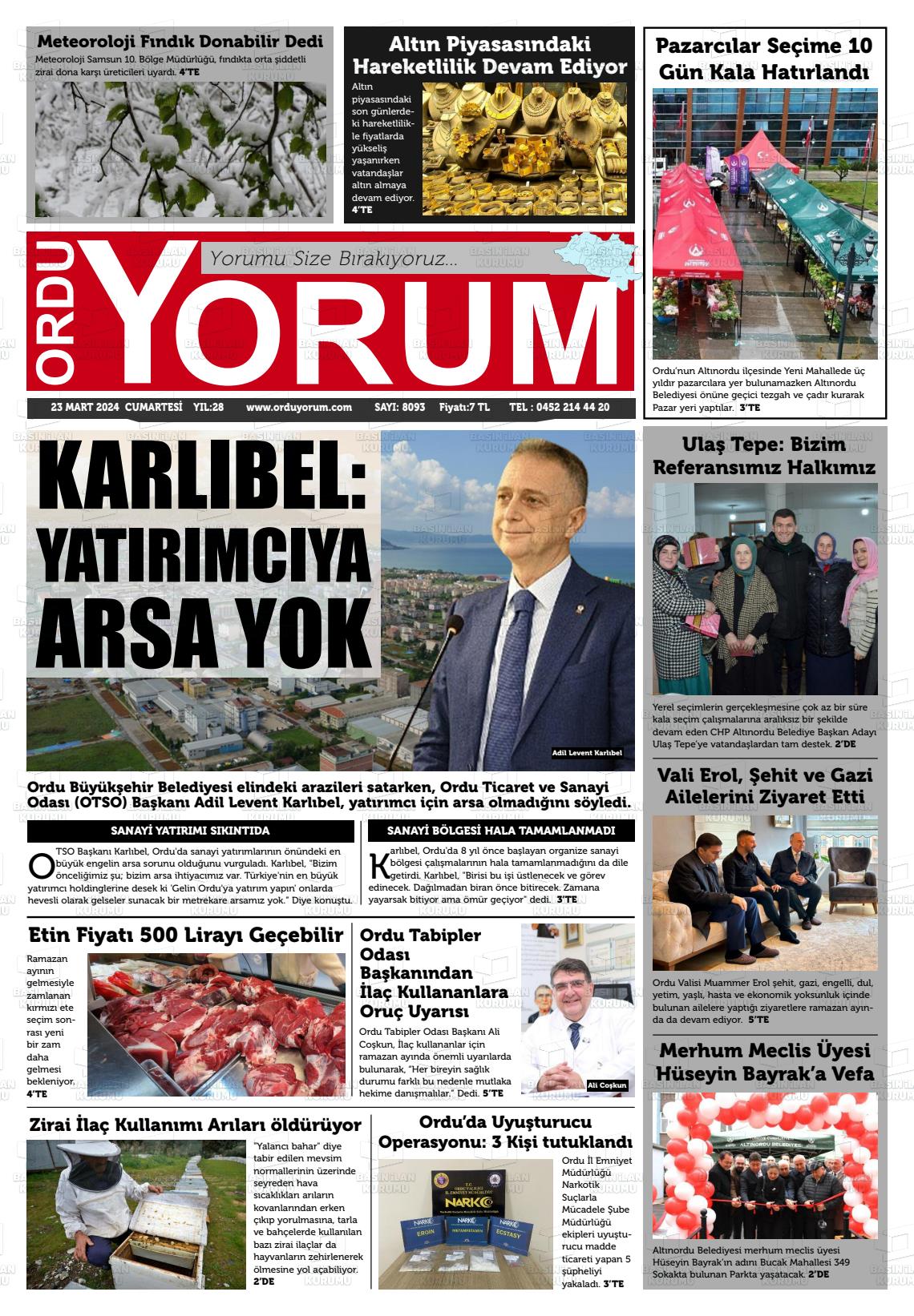 23 Mart 2024 Ordu Yorum Gazete Manşeti