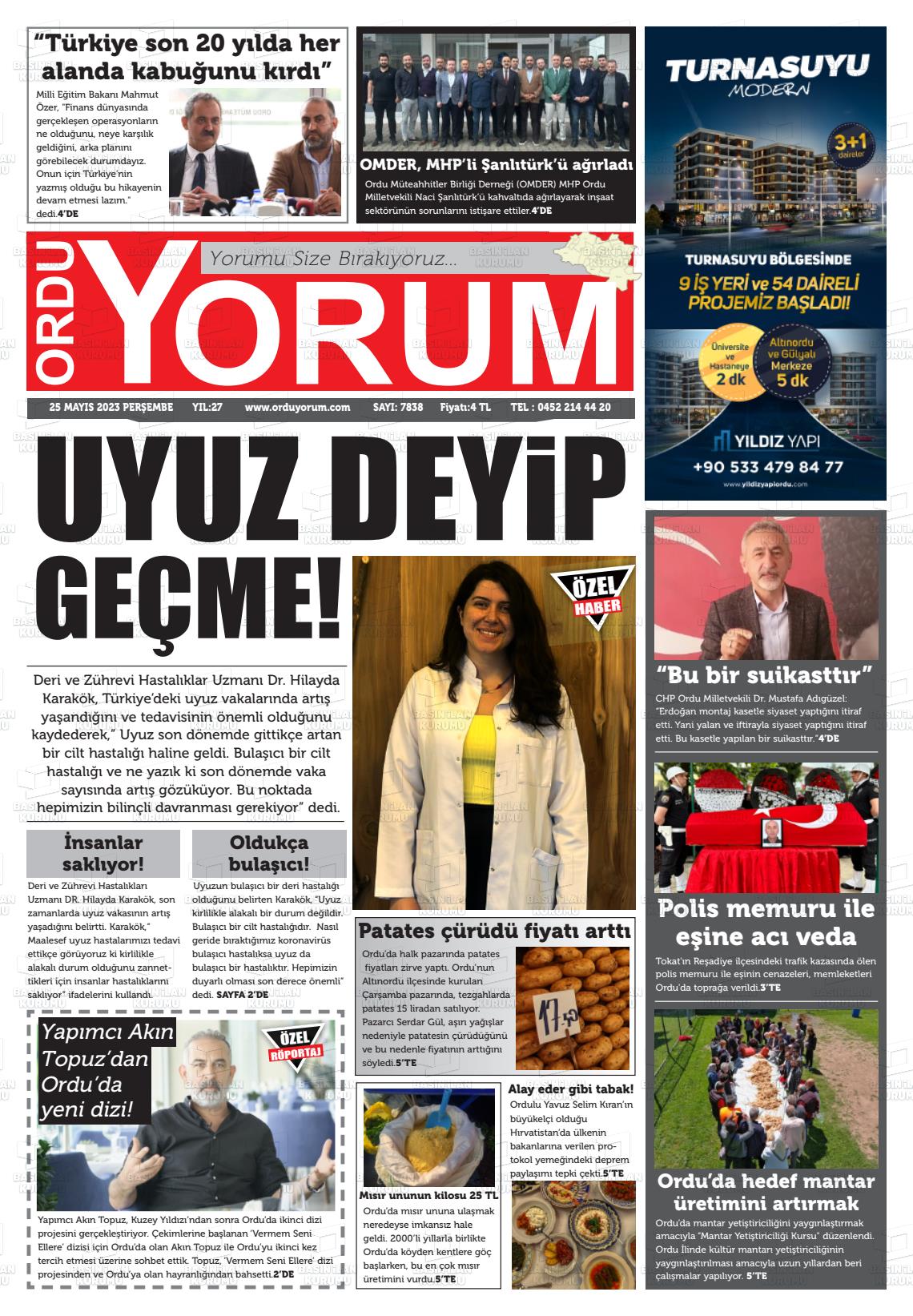 25 Mayıs 2023 Ordu Yorum Gazete Manşeti