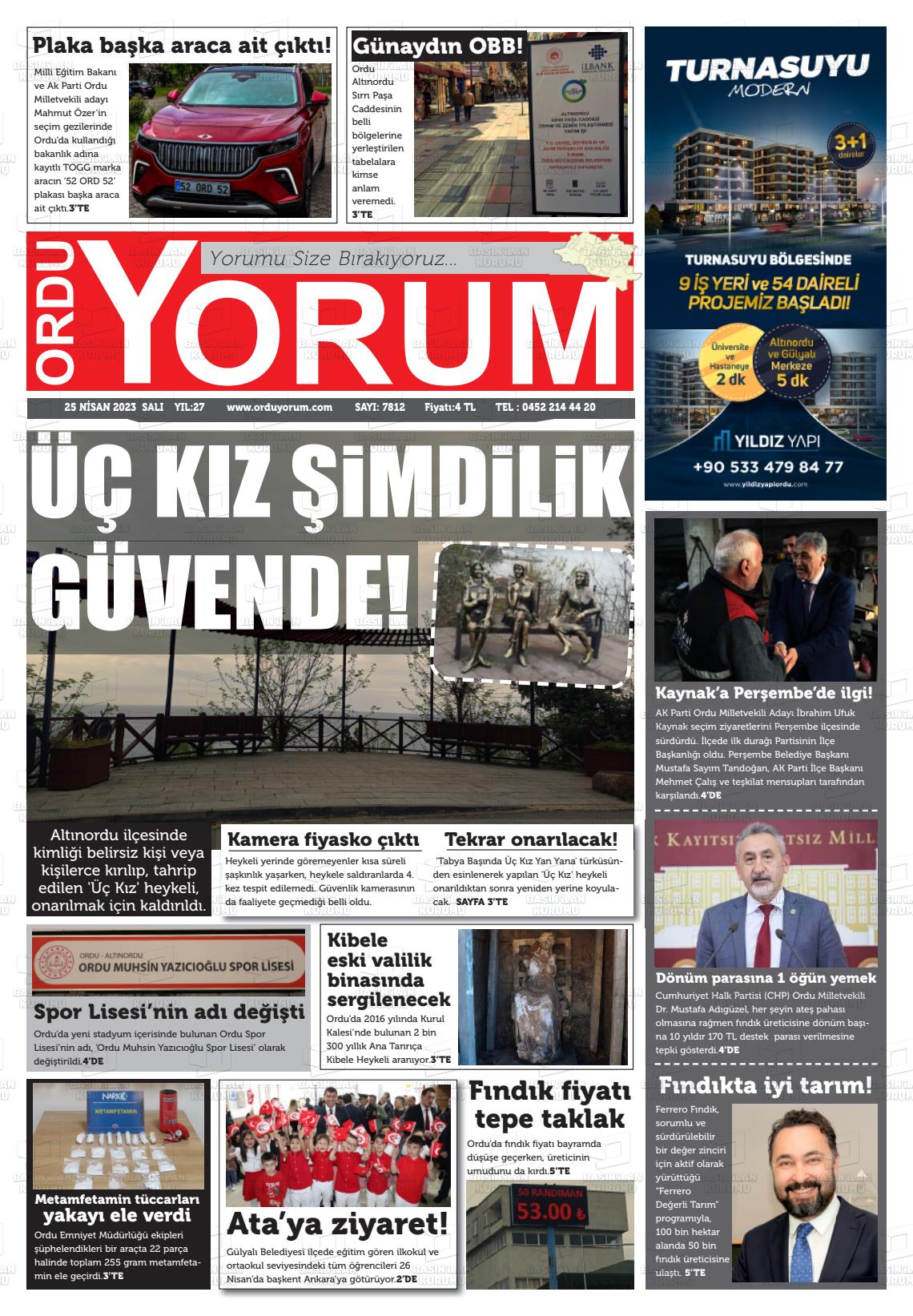 25 Nisan 2023 Ordu Yorum Gazete Manşeti