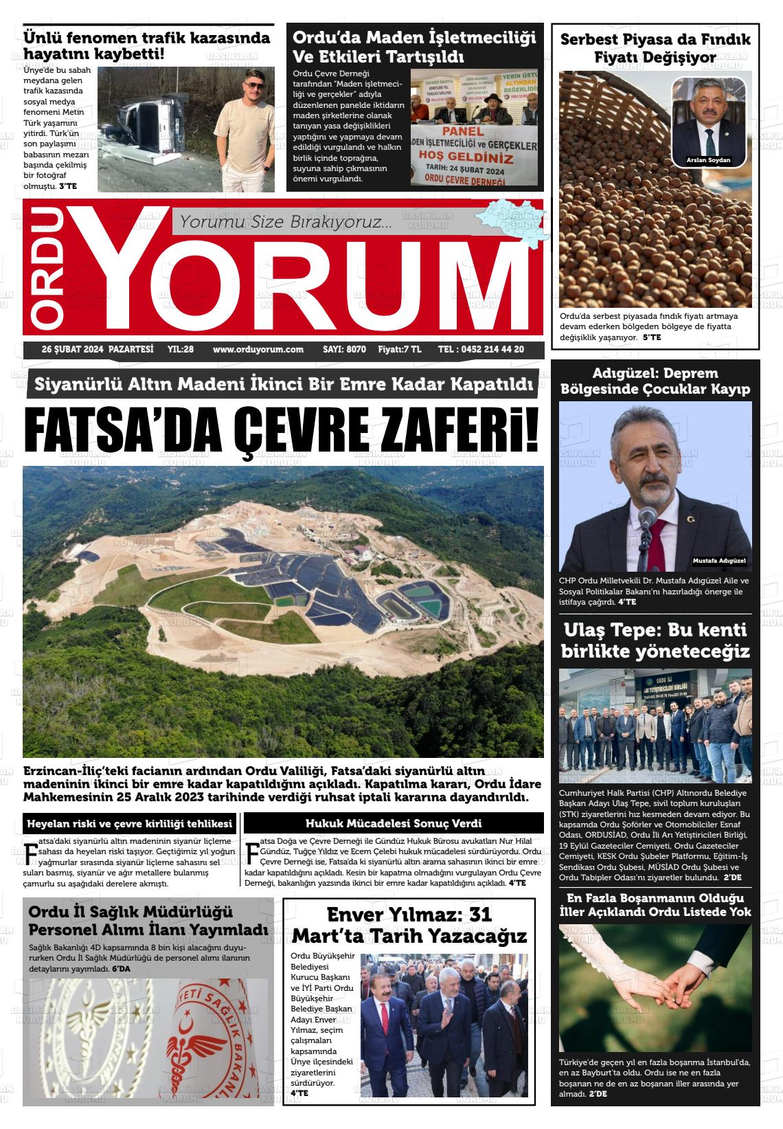 26 Şubat 2024 Ordu Yorum Gazete Manşeti