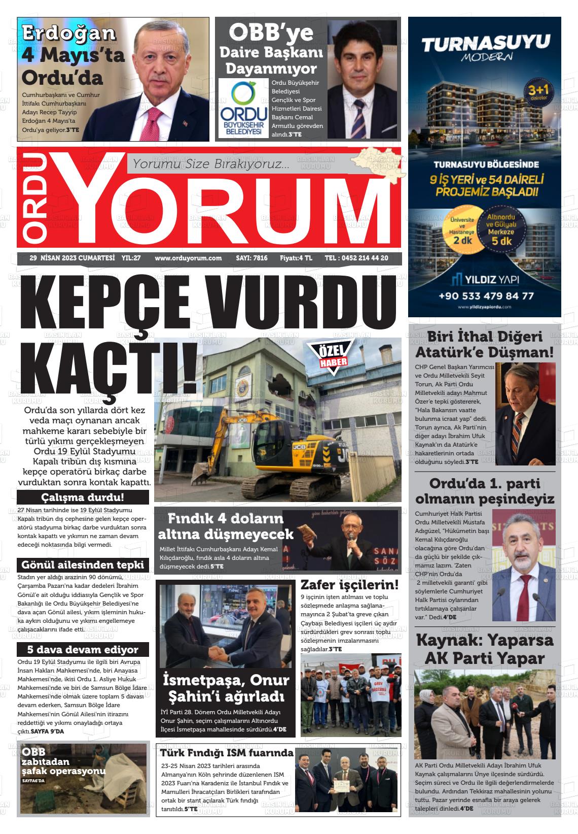 29 Nisan 2023 Ordu Yorum Gazete Manşeti