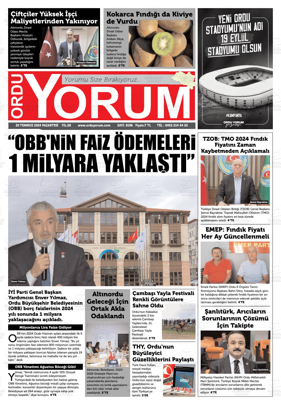 29 Temmuz 2024 Ordu Yorum Gazete Manşeti