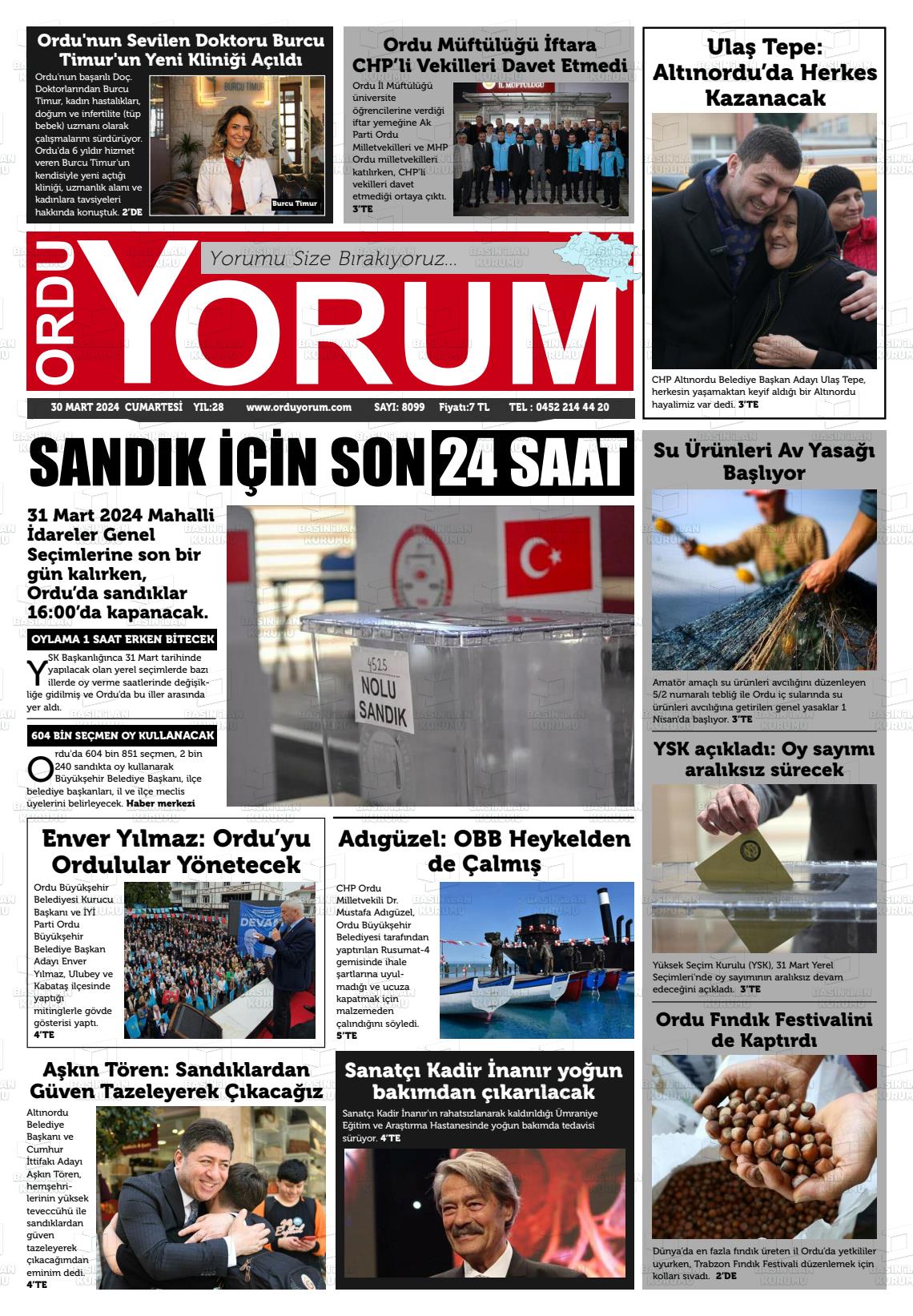 30 Mart 2024 Ordu Yorum Gazete Manşeti