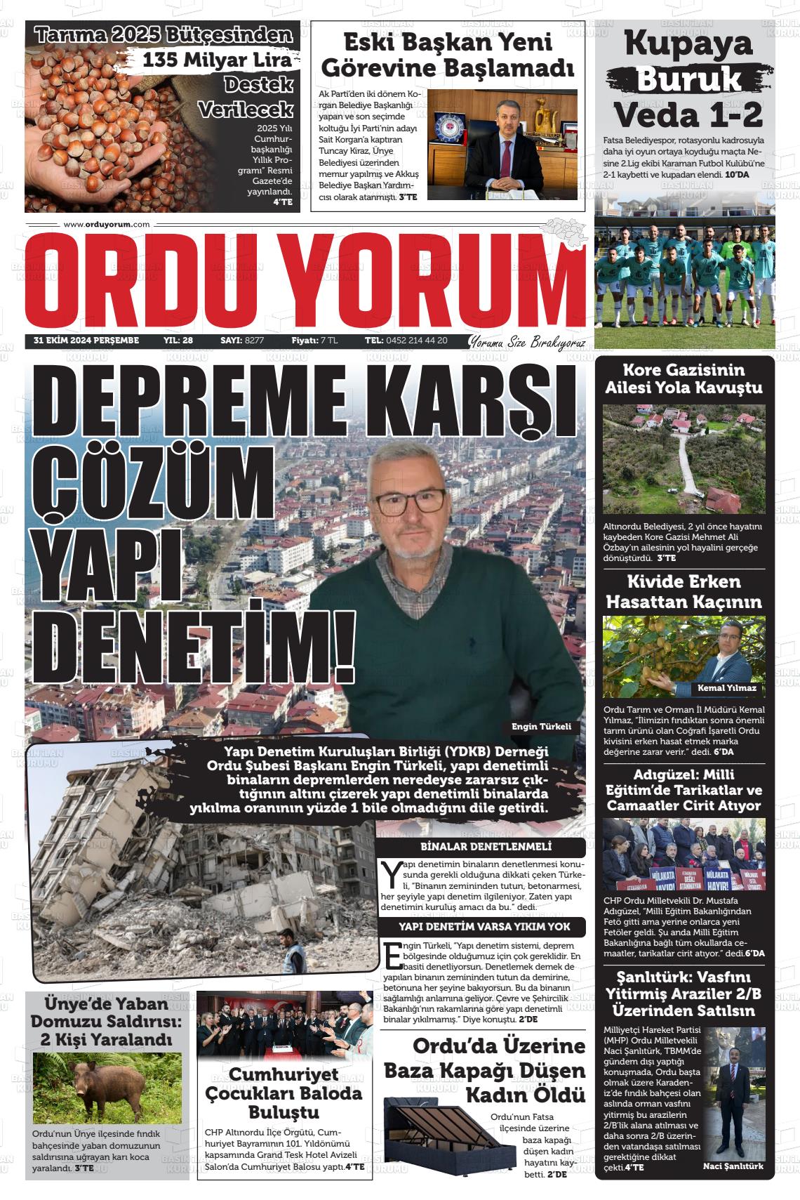 31 Ekim 2024 Ordu Yorum Gazete Manşeti